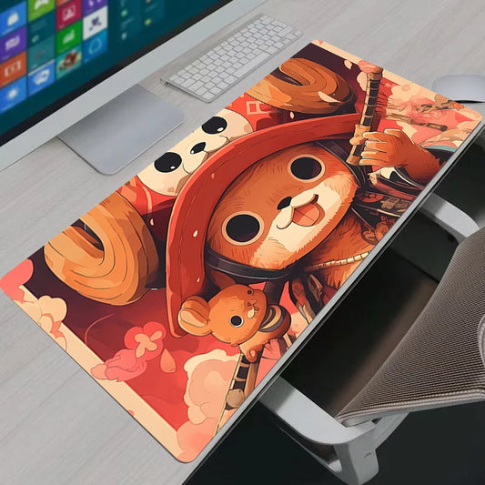 Vibrant Tony Tony Chopper anime XXL gaming mouse pad on a modern desk with a keyboard and monitor.