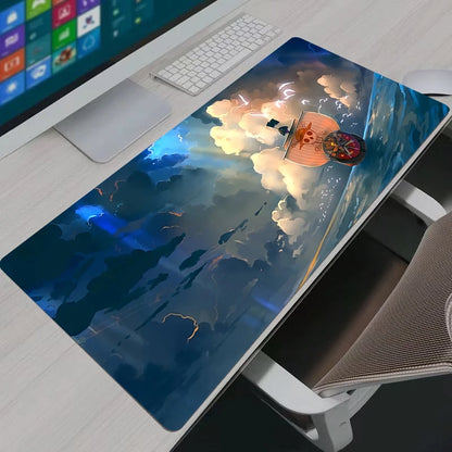Cinematic Thousand Sunny anime XXL gaming mouse pad showing a ship sailing into a sunset on a modern desk.