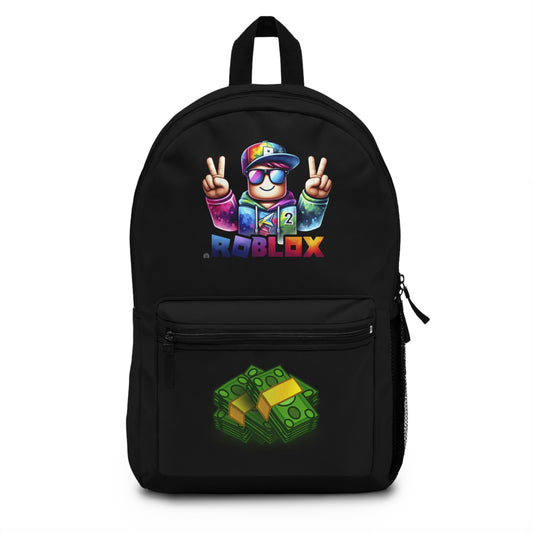 Front view of Premium Roblox school backpack in black with gaming graphics at dobermenpremier.com