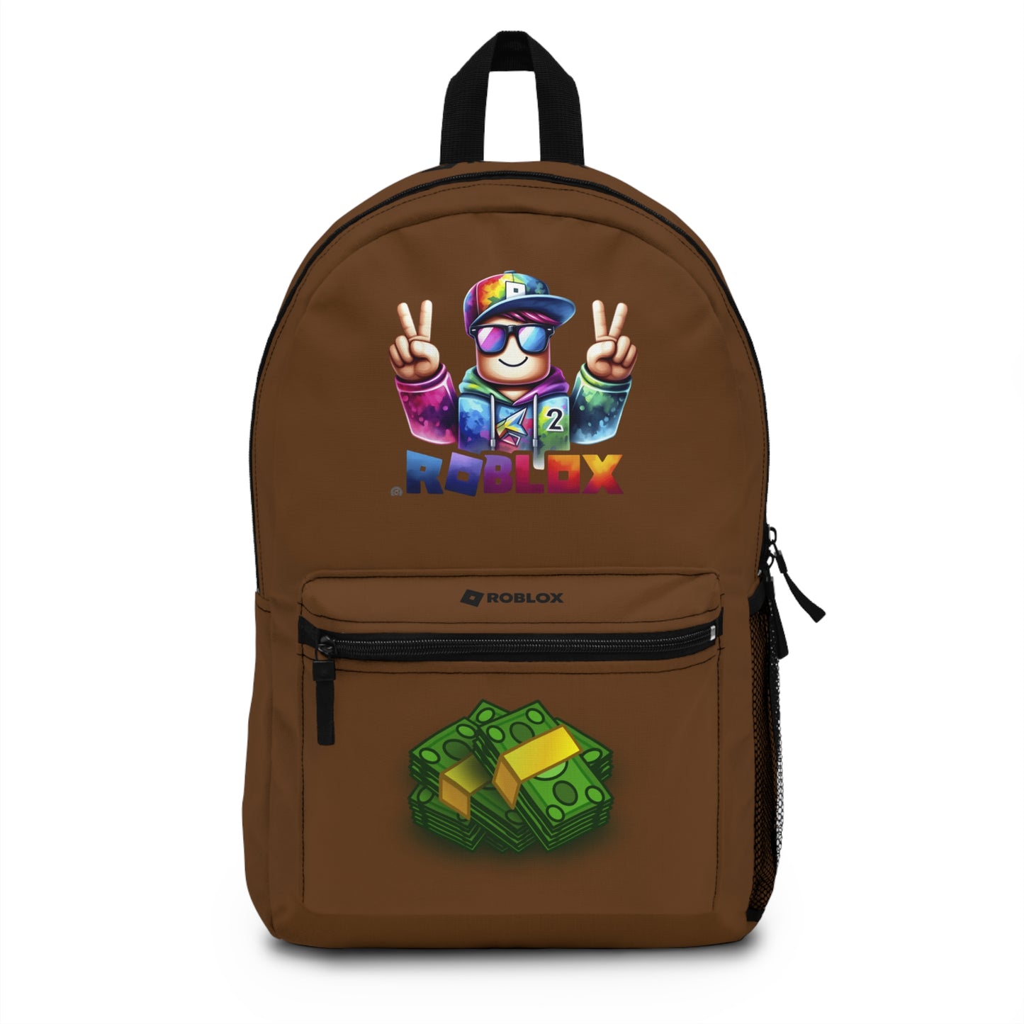 Front view of Premium Roblox school backpack in brown with gaming graphics at dobermenpremier.com