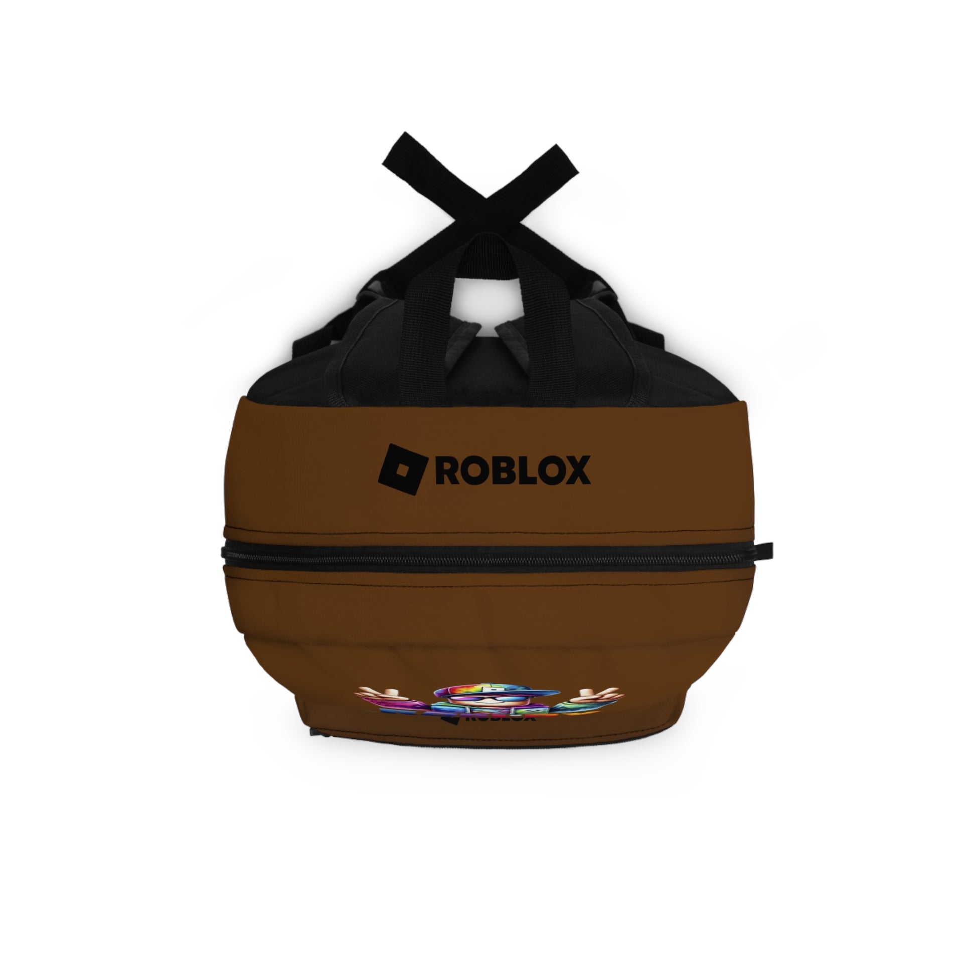 Top view of brown Premium Roblox backpack showing heavy-duty zipper and handle dobermenpremier.com