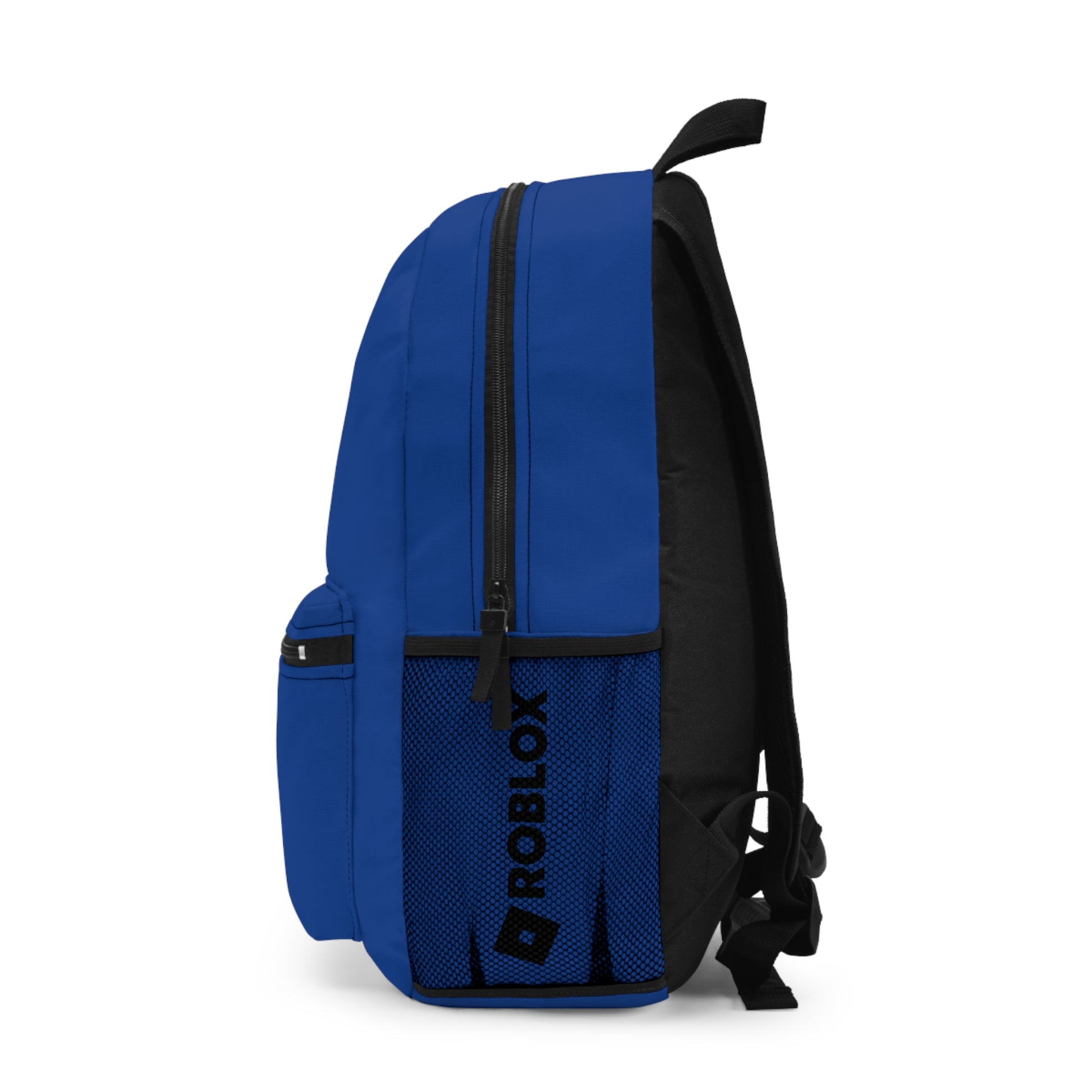Side view of dark blue Premium Roblox school bag showing the mesh water bottle pocket and logo dobermenpremier.com