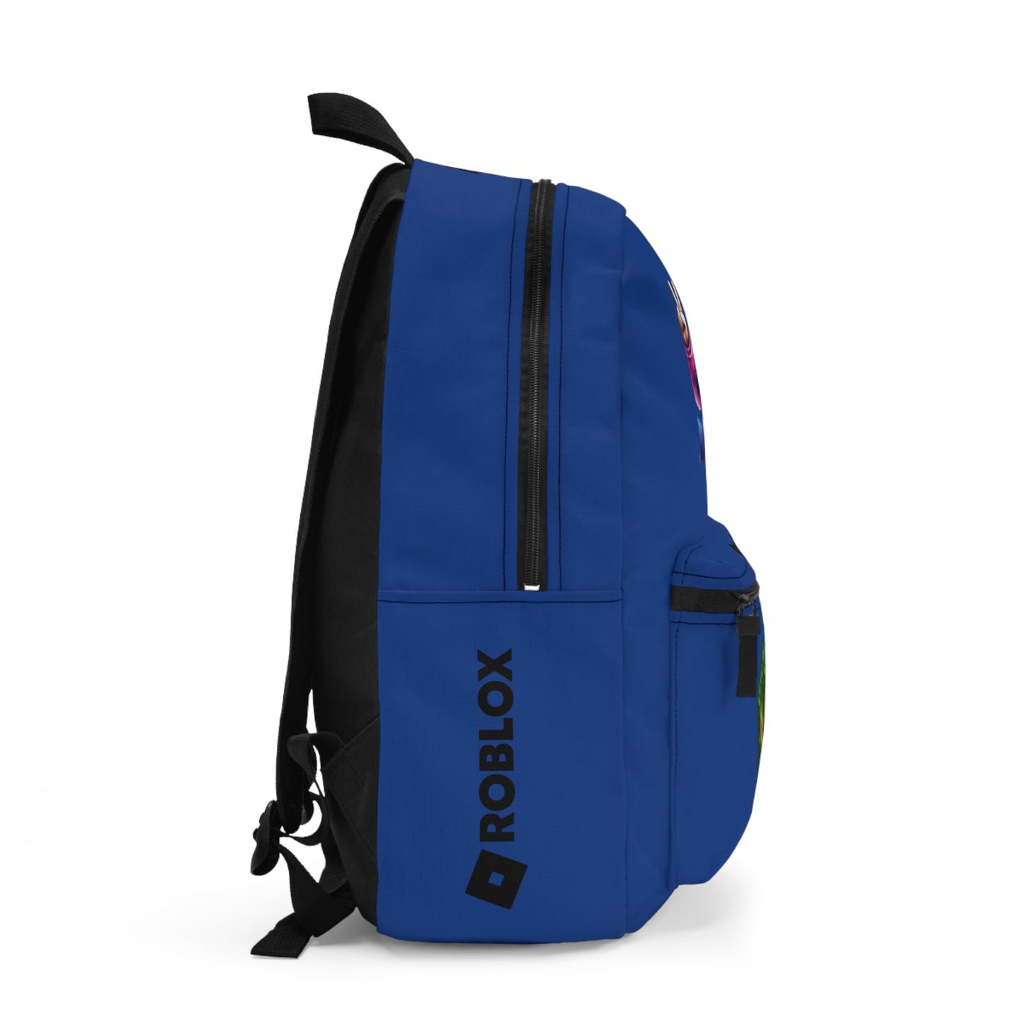 Side view of dark blue Premium Roblox backpack showing the slim, plain profile and stitching dobermenpremier.com