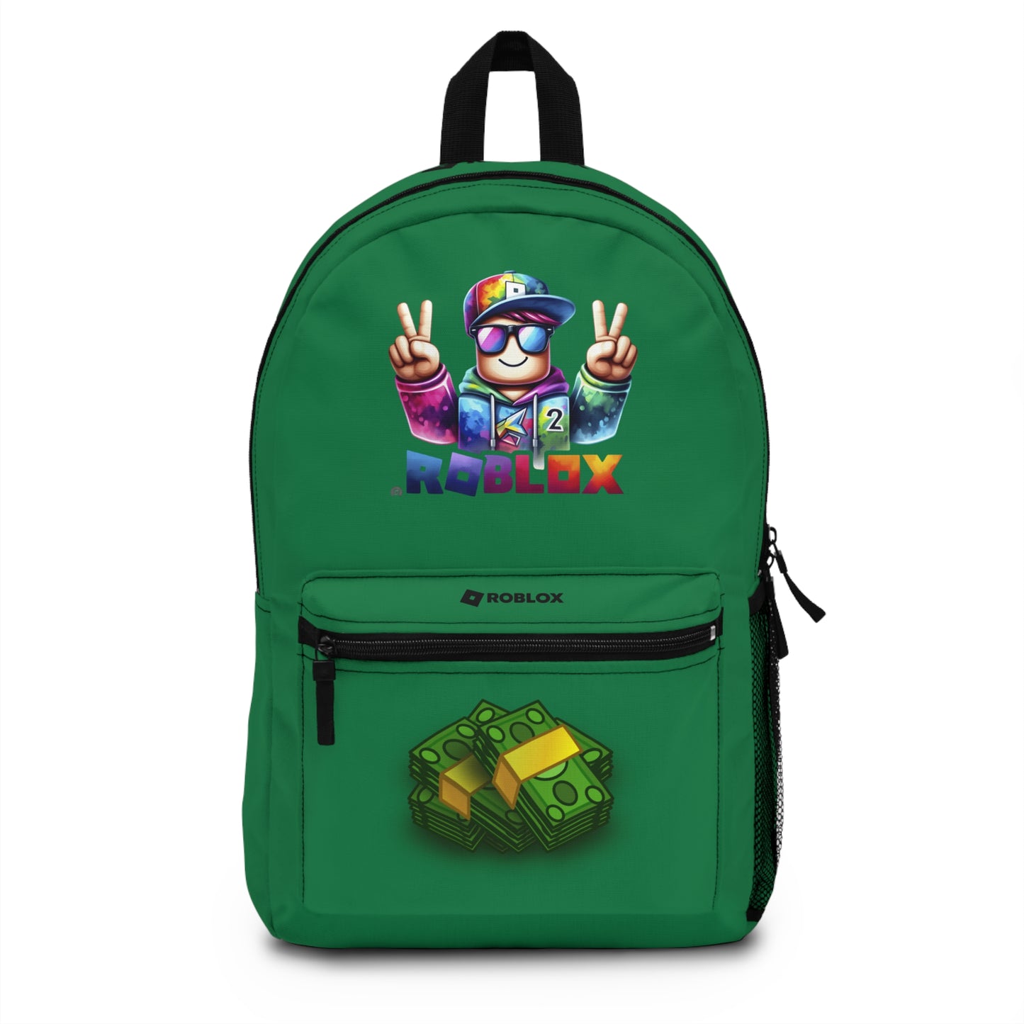 Front view of Premium Roblox school backpack in dark green with gaming graphics at dobermenpremier.com