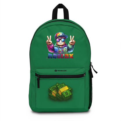 Front view of Premium Roblox school backpack in dark green with gaming graphics at dobermenpremier.com