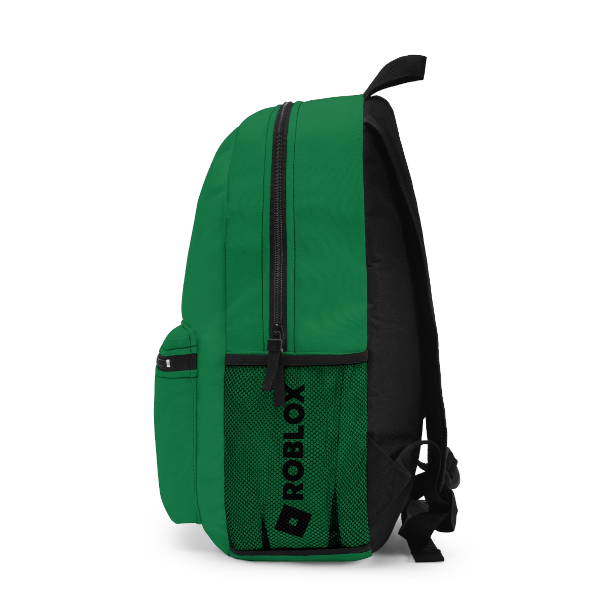 Side view of dark green Premium Roblox school bag showing the mesh water bottle pocket and logo dobermenpremier.com
