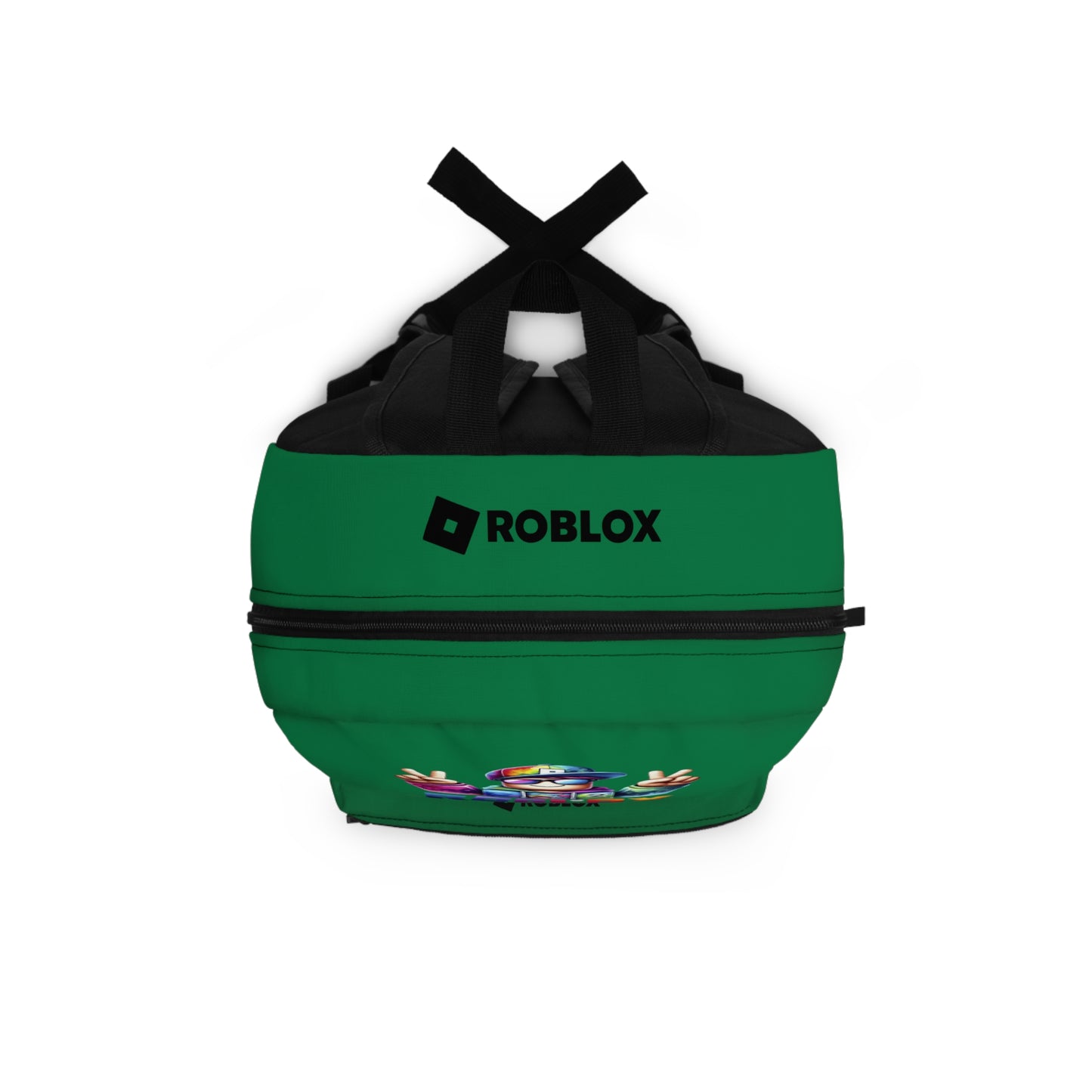Top view of dark green Premium Roblox backpack showing heavy-duty zipper and handle dobermenpremier.com