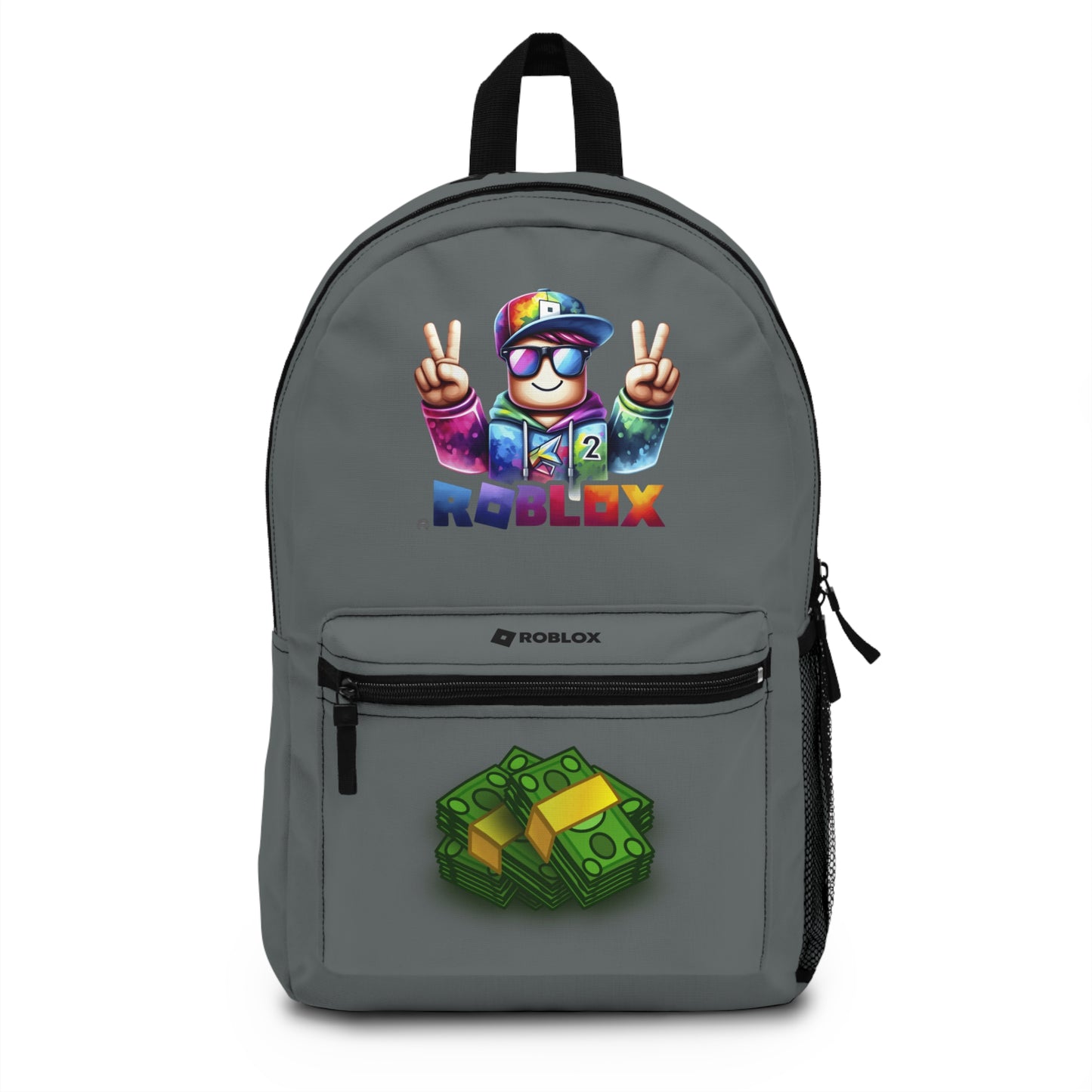 Front view of Premium Roblox school backpack in dark grey with gaming graphics at dobermenpremier.com
