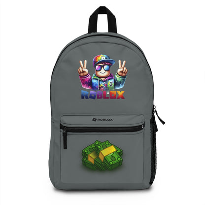Front view of Premium Roblox school backpack in dark grey with gaming graphics at dobermenpremier.com