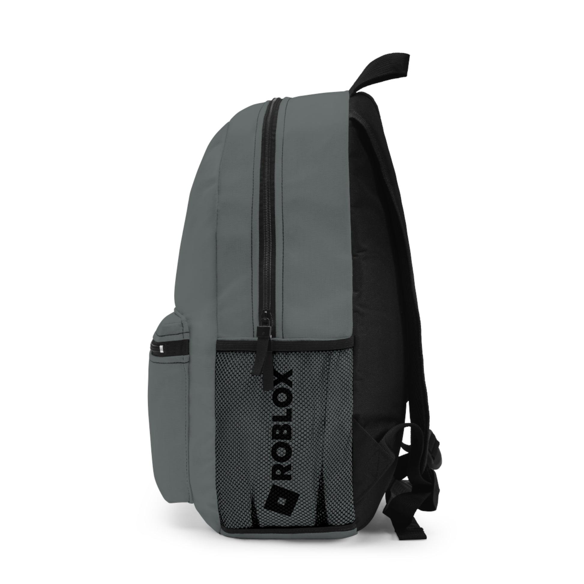 Side view of dark grey Premium Roblox school bag showing the mesh water bottle pocket and logo dobermenpremier.com