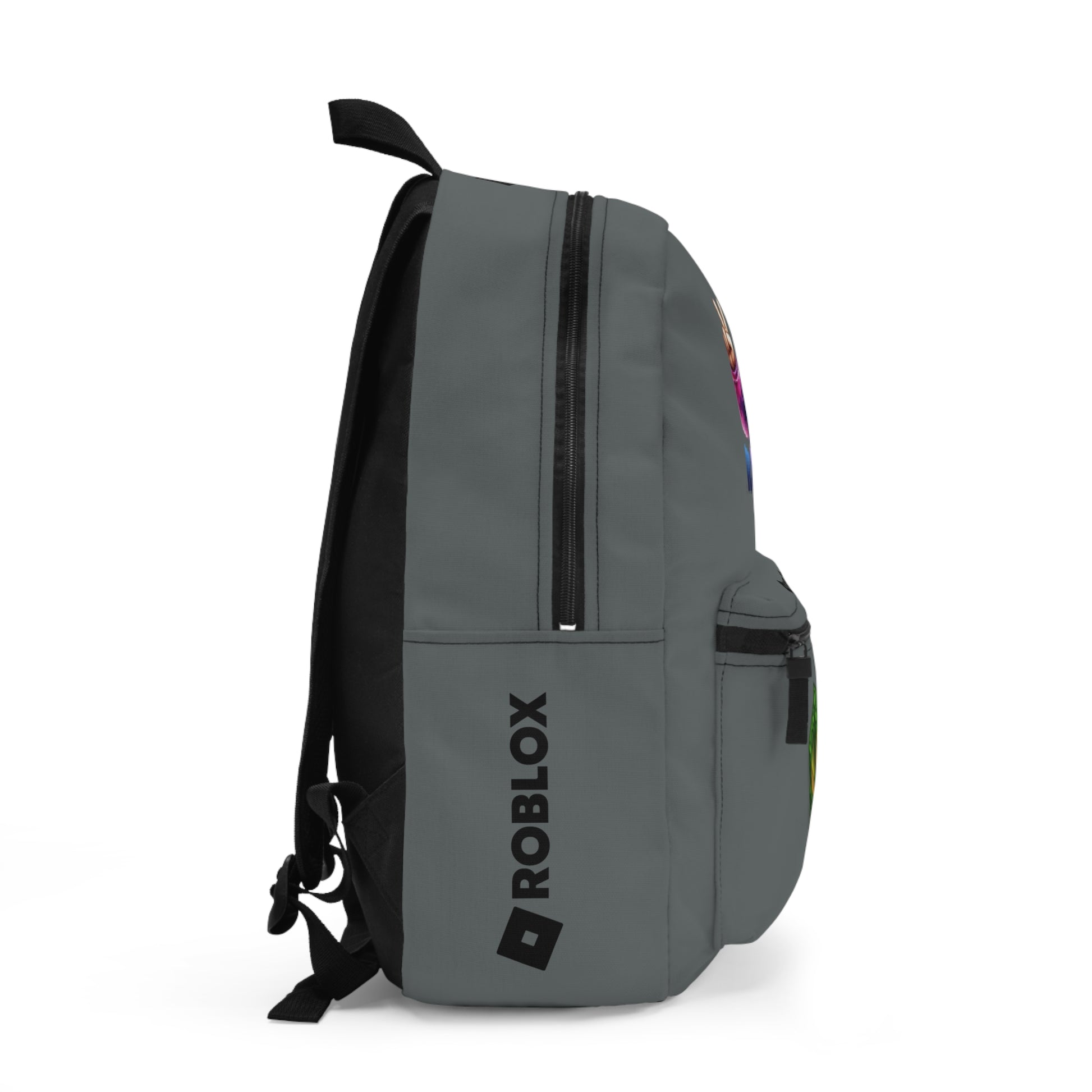 Side view of dark grey Premium Roblox backpack showing the slim, plain profile and stitching dobermenpremier.com
