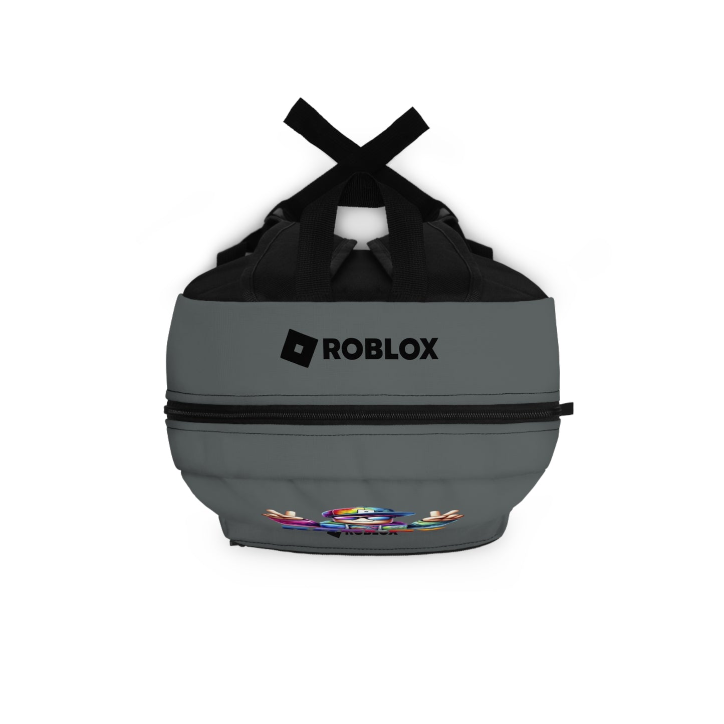 Top view of dark grey Premium Roblox backpack showing heavy-duty zipper and handle dobermenpremier.com
