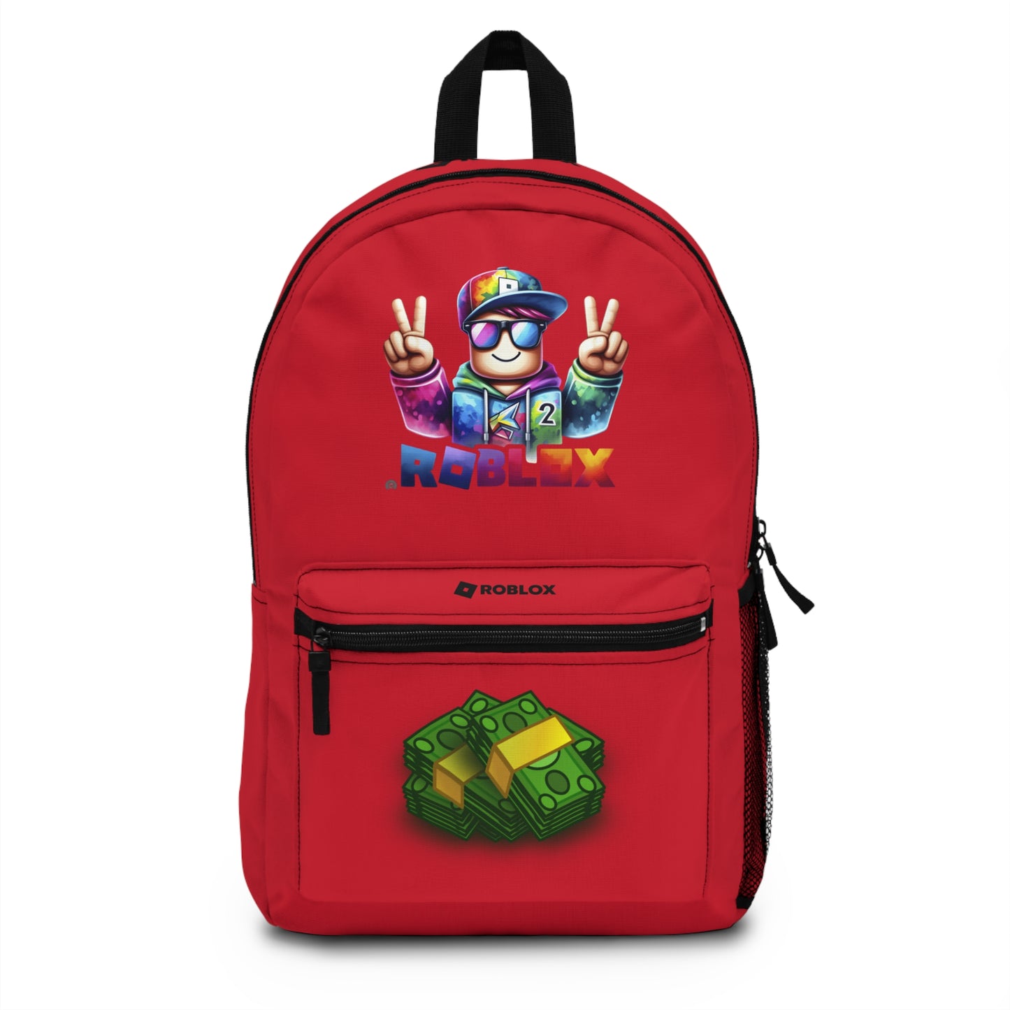 Front view of Premium Roblox school backpack in dark red with gaming graphics at dobermenpremier.com