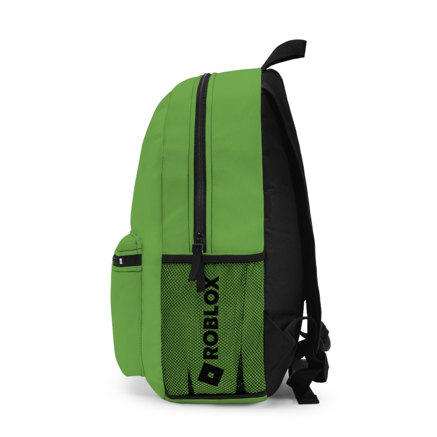 Side view of green Premium Roblox school bag showing the mesh water bottle pocket and logo dobermenpremier.com