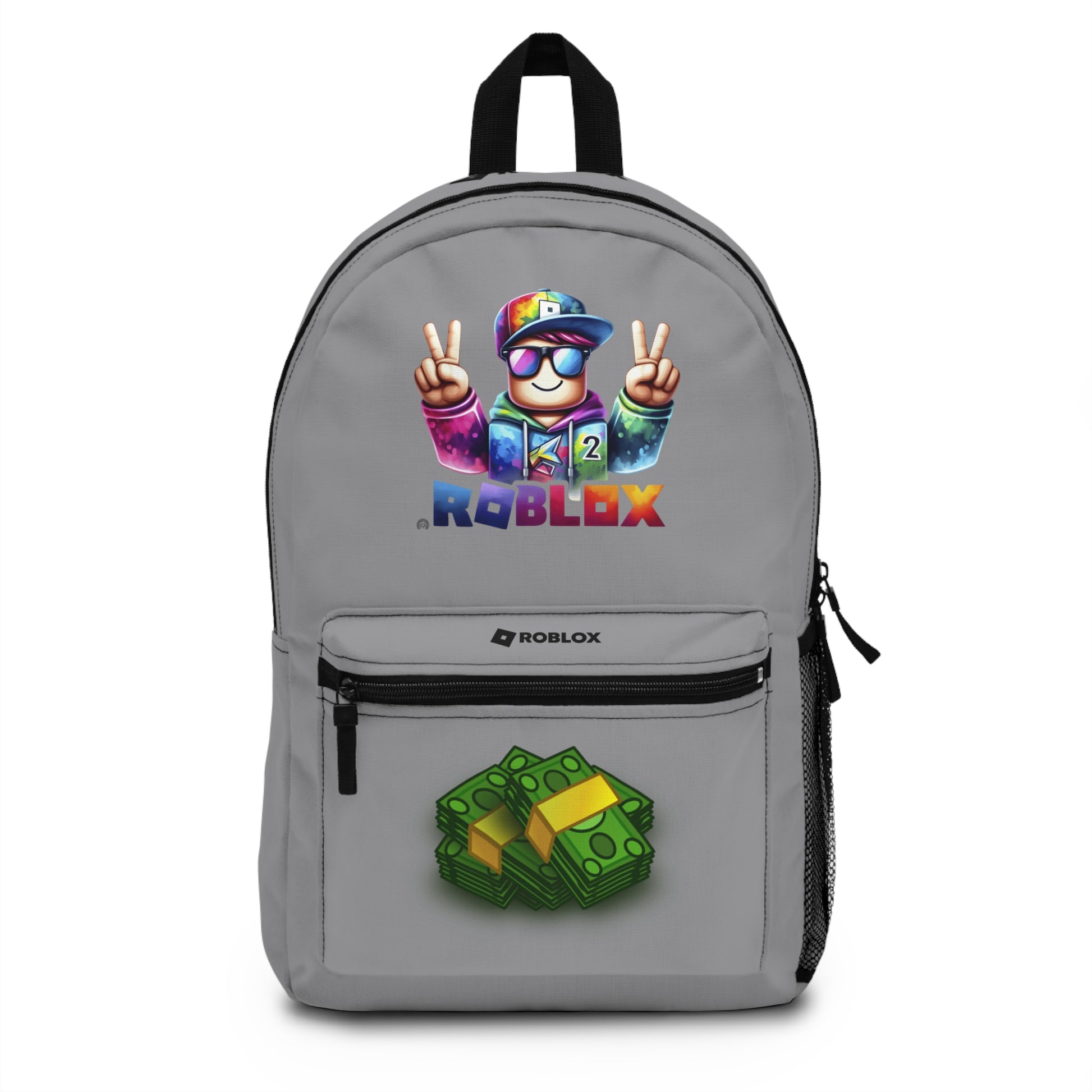 Front view of Premium Roblox school backpack in grey with gaming graphics at dobermenpremier.com