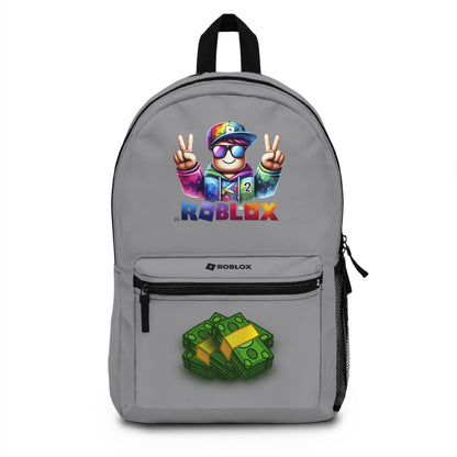 Front view of Premium Roblox school backpack in grey with gaming graphics at dobermenpremier.com