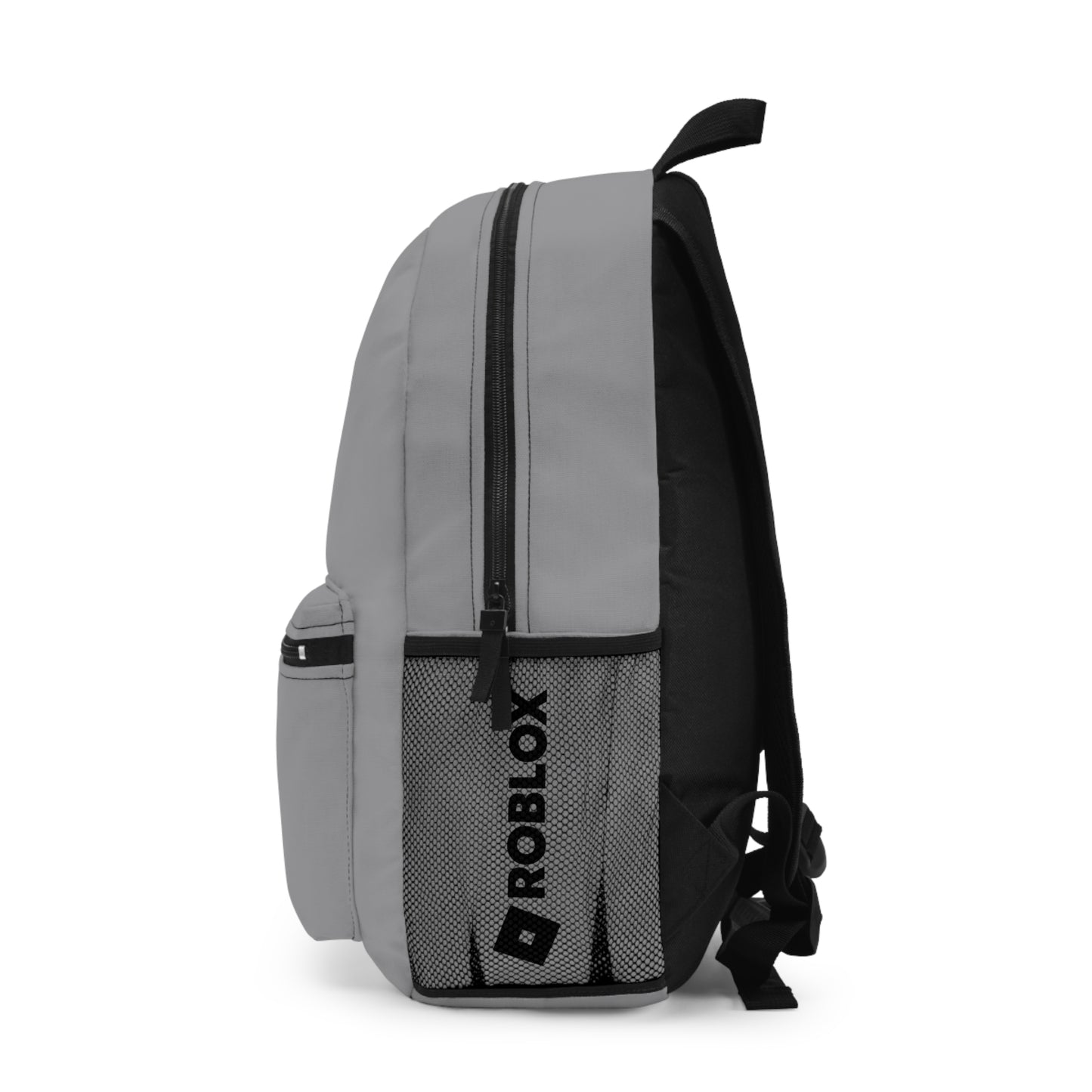 Side view of grey Premium Roblox school bag showing the mesh water bottle pocket and logo dobermenpremier.com
