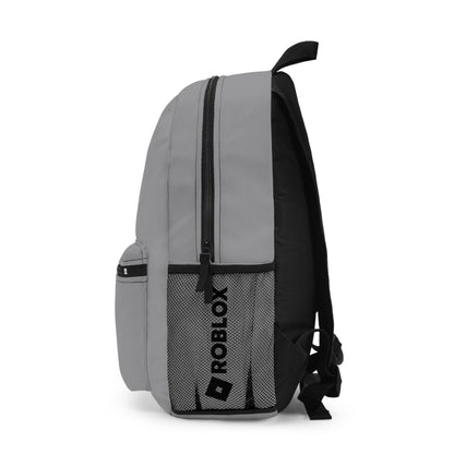 Side view of grey Premium Roblox school bag showing the mesh water bottle pocket and logo dobermenpremier.com