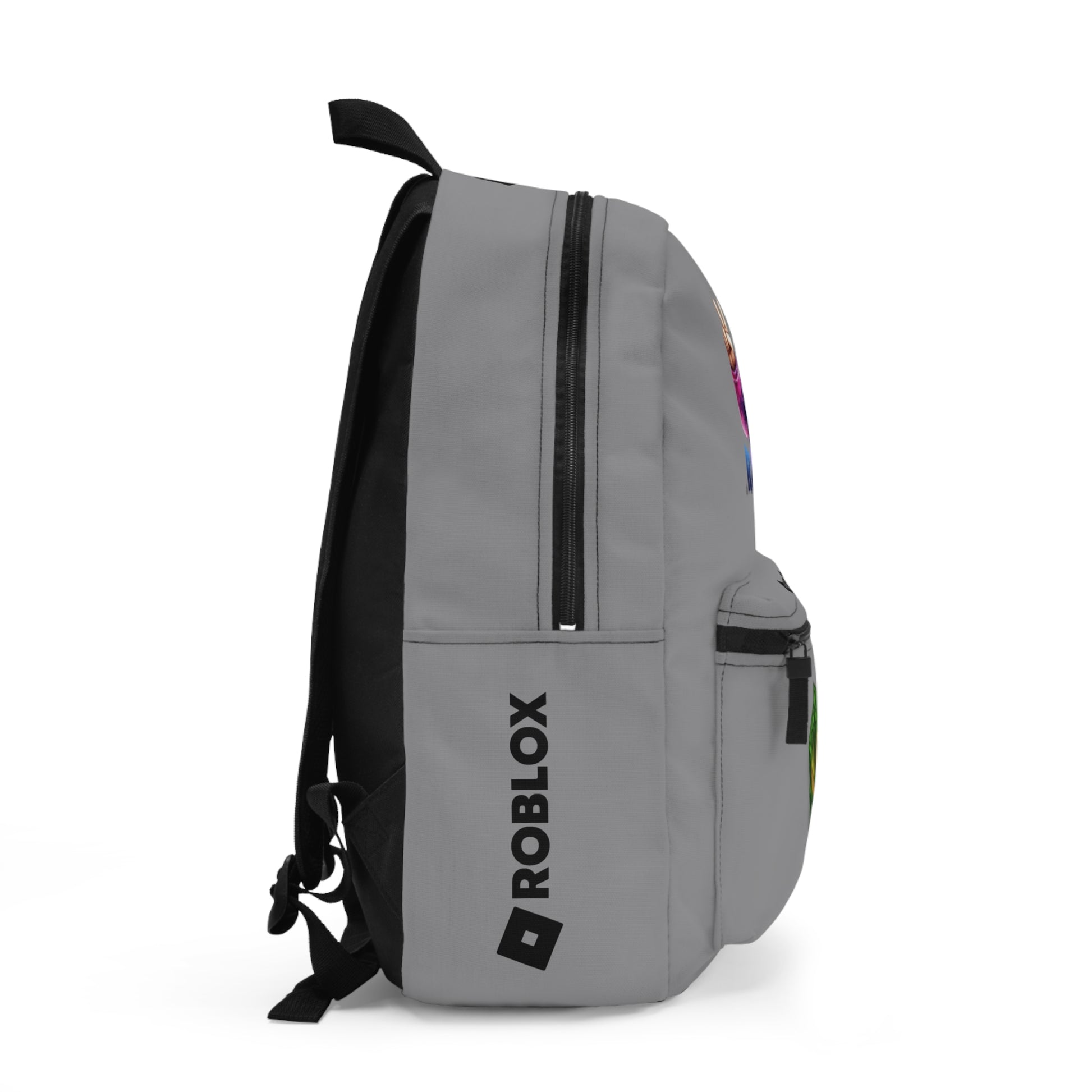Side view of grey Premium Roblox backpack showing the slim, plain profile and stitching dobermenpremier.com
