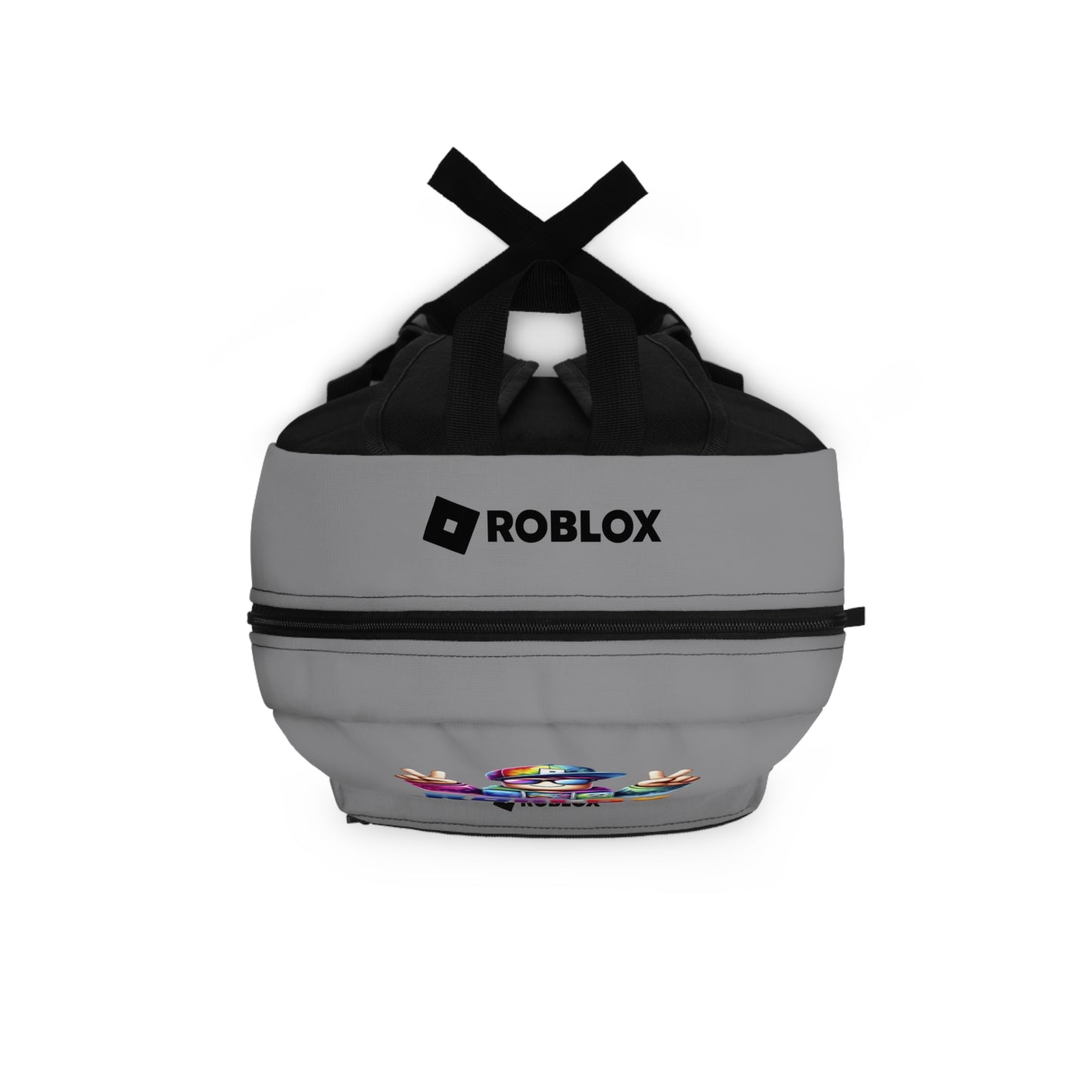 Top view of grey Premium Roblox backpack showing heavy-duty zipper and handle dobermenpremier.com