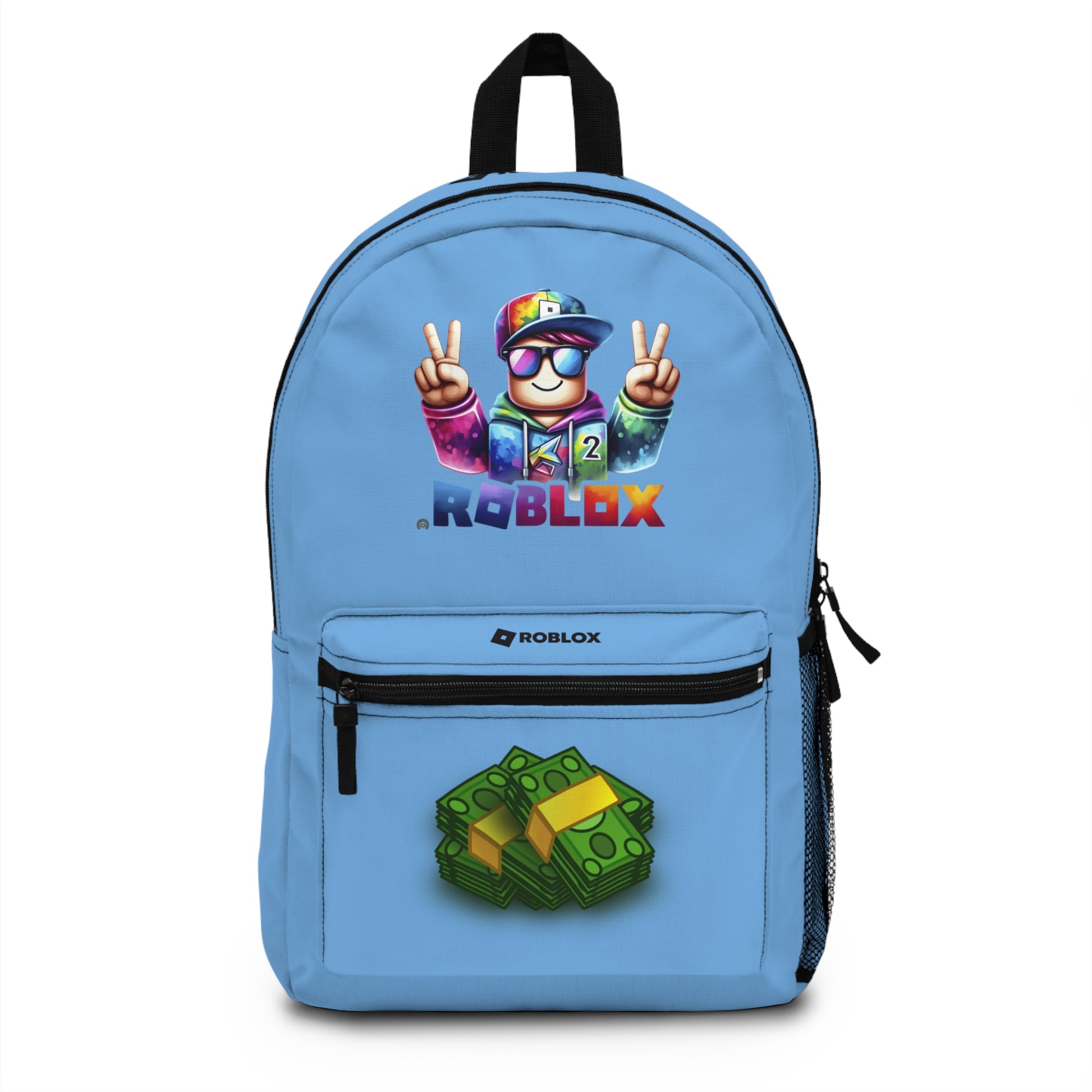 Front view of Premium Roblox school backpack in light blue with gaming graphics at dobermenpremier.com