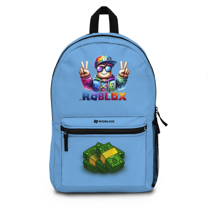 Front view of Premium Roblox school backpack in light blue with gaming graphics at dobermenpremier.com