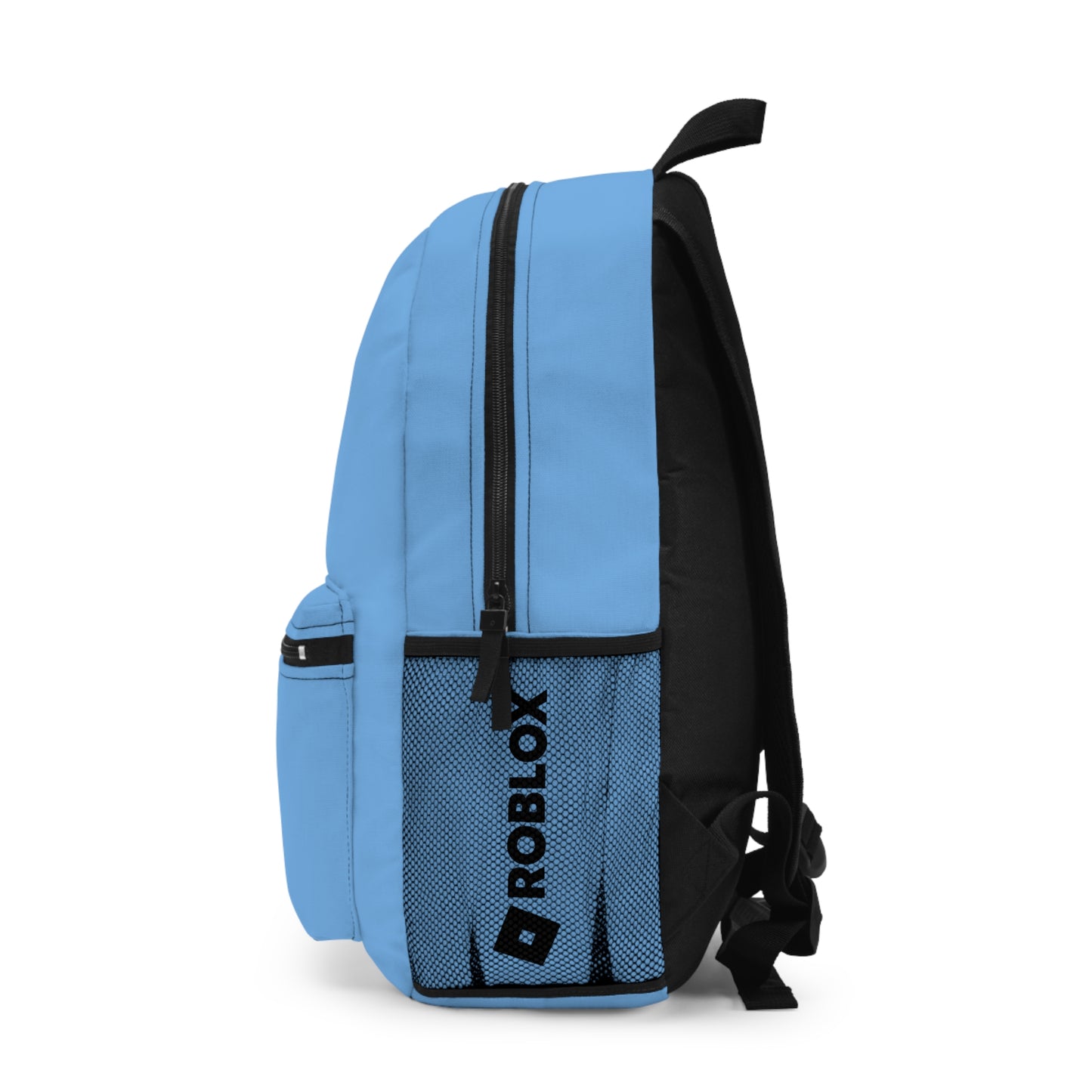 Side view of light blue Premium Roblox school bag showing the mesh water bottle pocket and logo dobermenpremier.com