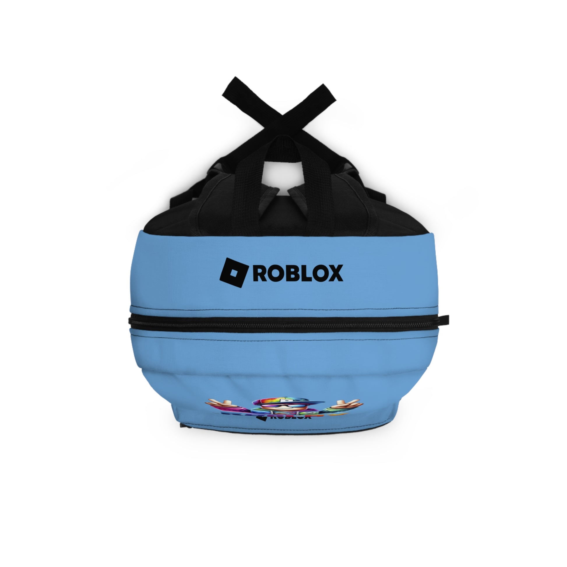 Top view of light blue Premium Roblox backpack showing heavy-duty zipper and handle dobermenpremier.com