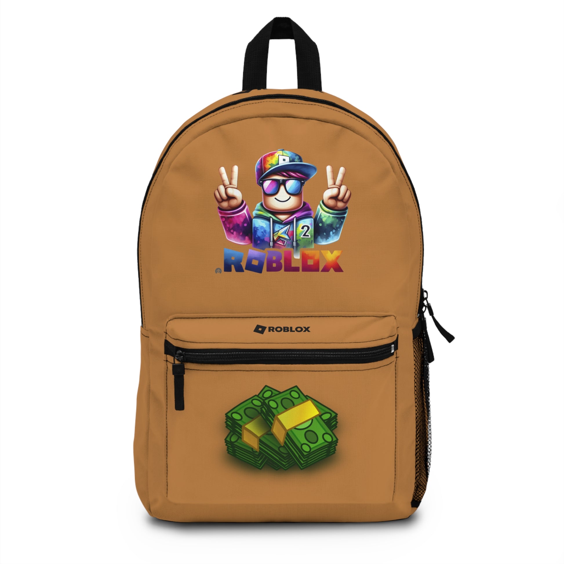 Front view of Premium Roblox school backpack in light brown with gaming graphics at dobermenpremier.com
