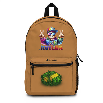 Front view of Premium Roblox school backpack in light brown with gaming graphics at dobermenpremier.com