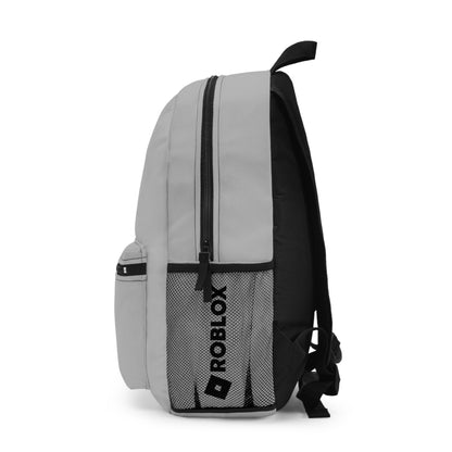 Side view of light grey Premium Roblox school bag showing the mesh water bottle pocket and logo dobermenpremier.com