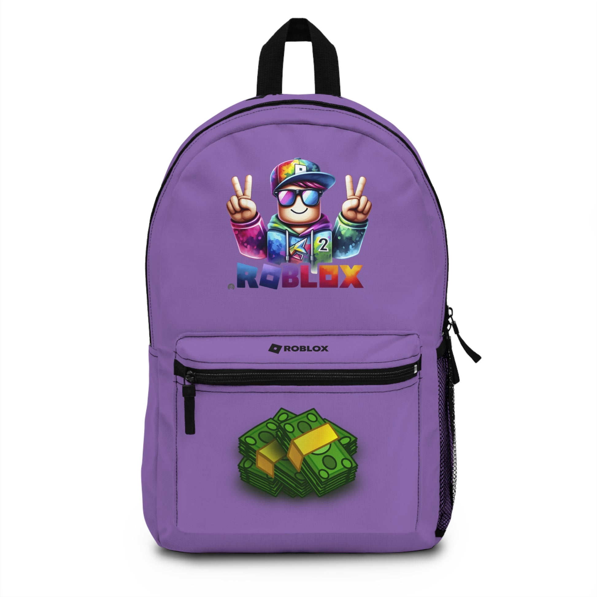 Front view of Premium Roblox school backpack in light purple with gaming graphics at dobermenpremier.com
