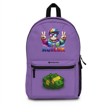 Front view of Premium Roblox school backpack in light purple with gaming graphics at dobermenpremier.com