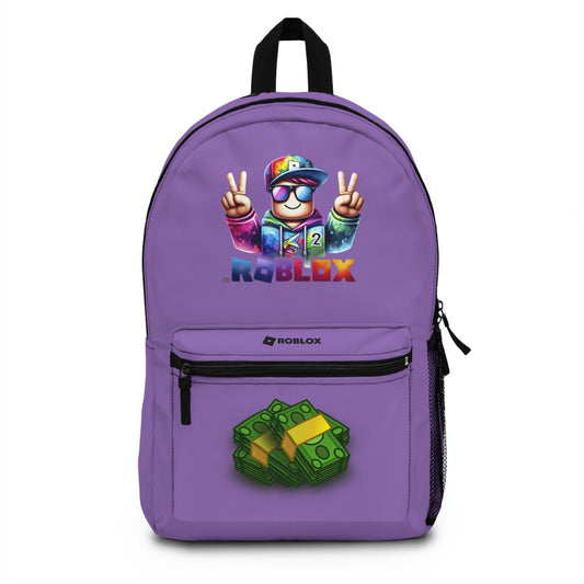 Front view of Premium Roblox school backpack in light purple with gaming graphics at dobermenpremier.com