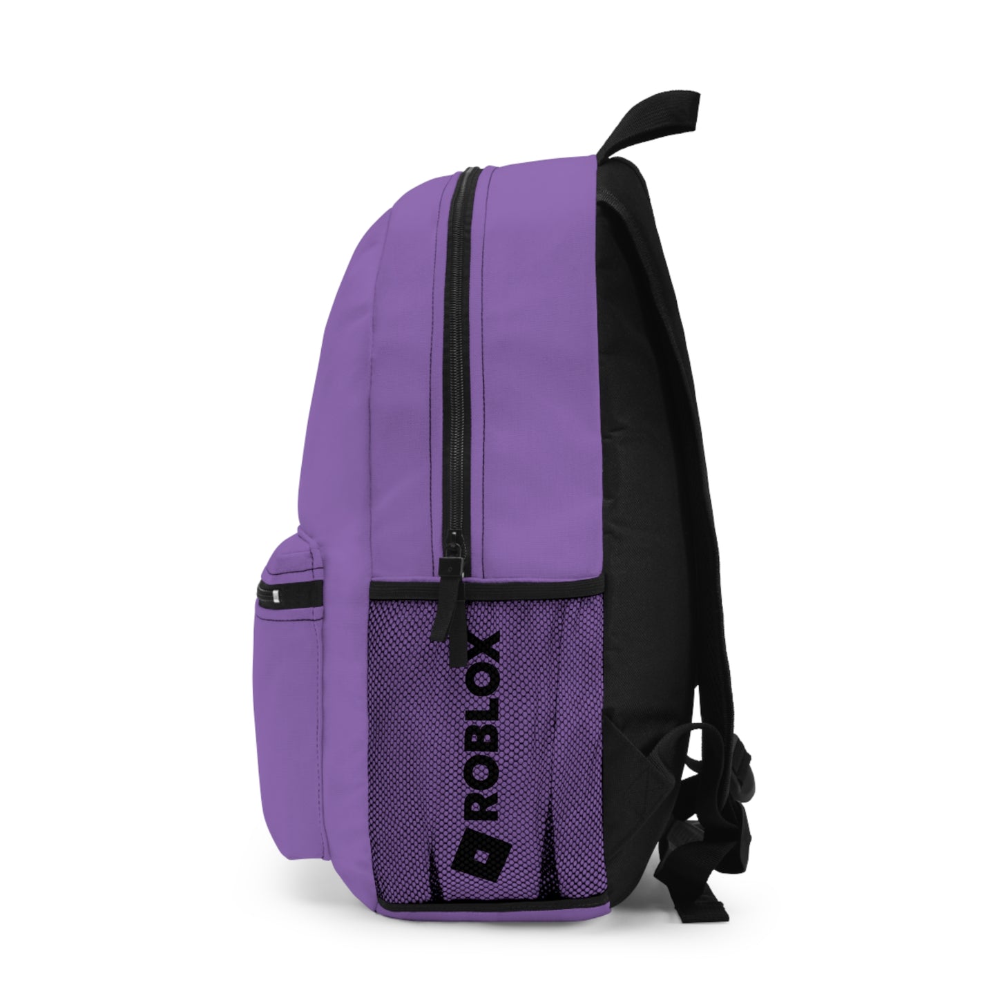 Side view of light purple Premium Roblox school bag showing the mesh water bottle pocket and logo dobermenpremier.com