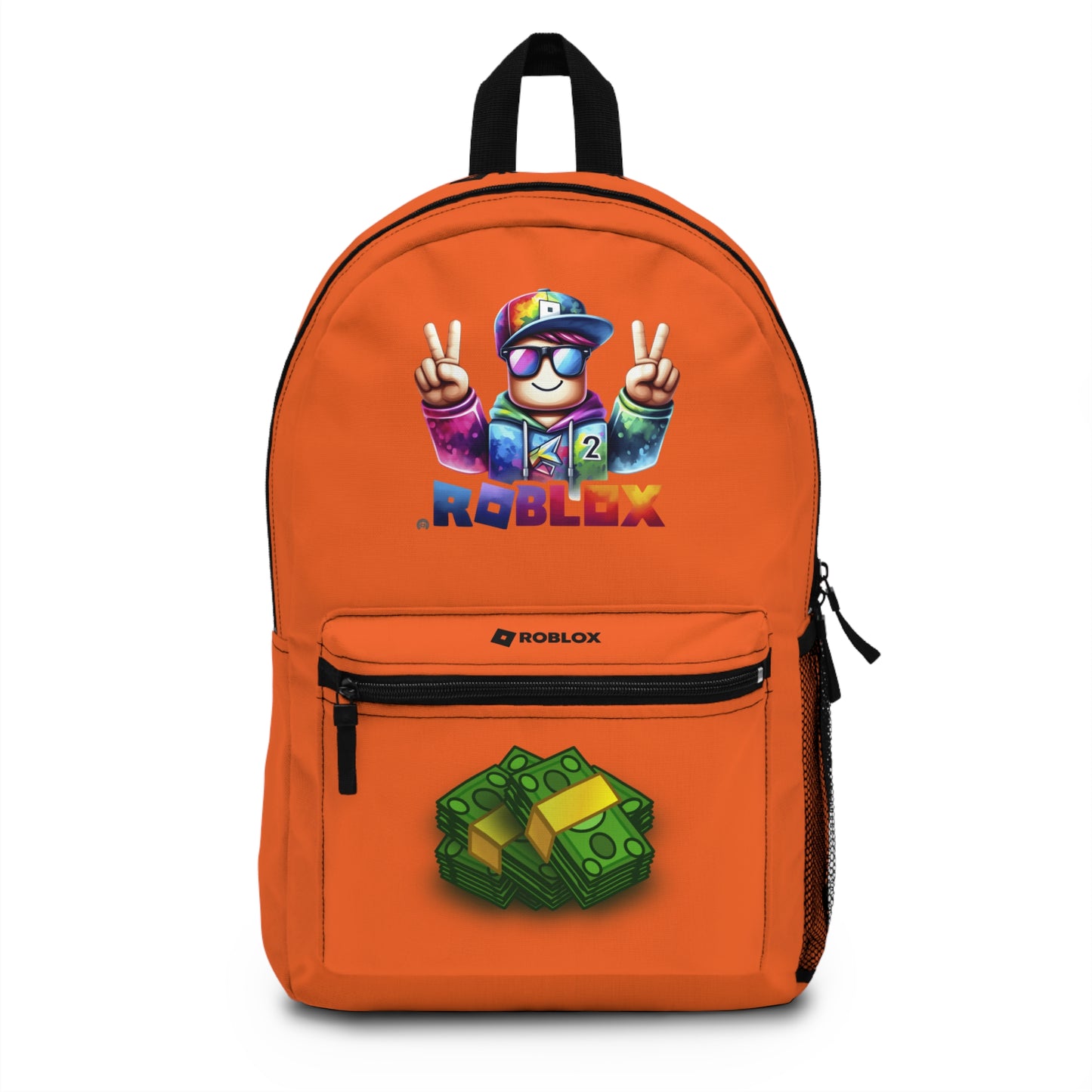 Front view of Premium Roblox school backpack in orange with gaming graphics at dobermenpremier.com