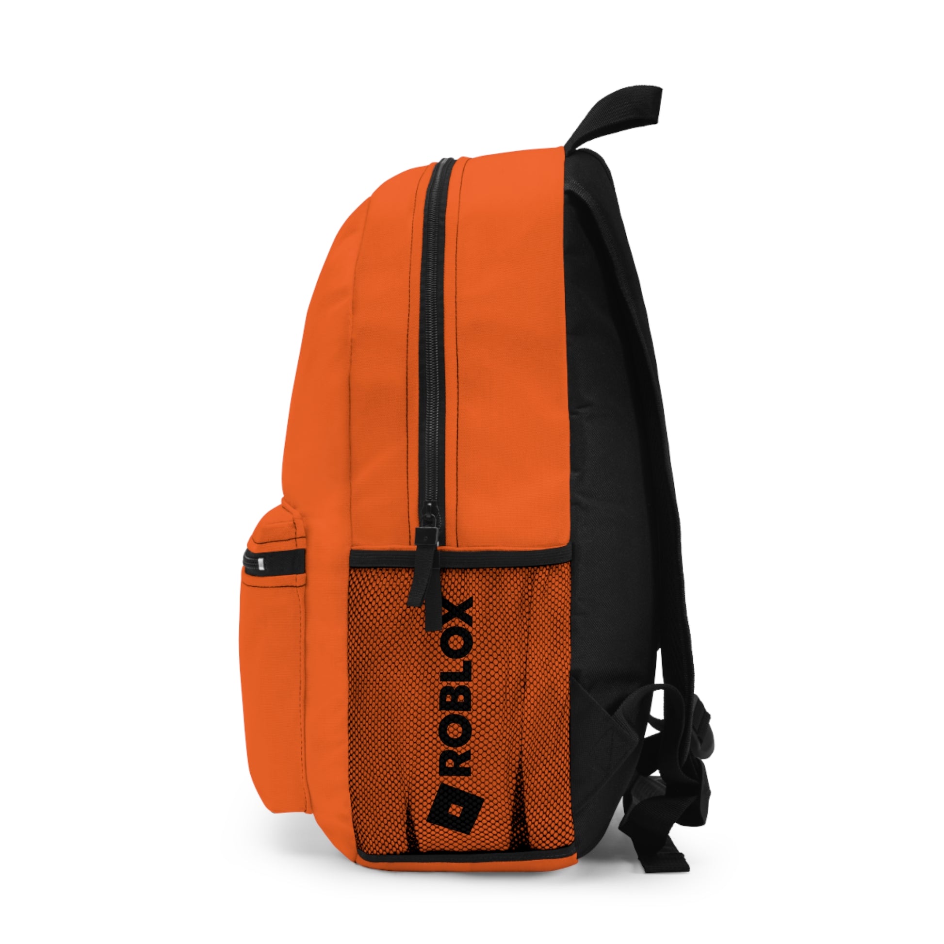 Side view of orange Premium Roblox school bag showing the mesh water bottle pocket and logo dobermenpremier.com