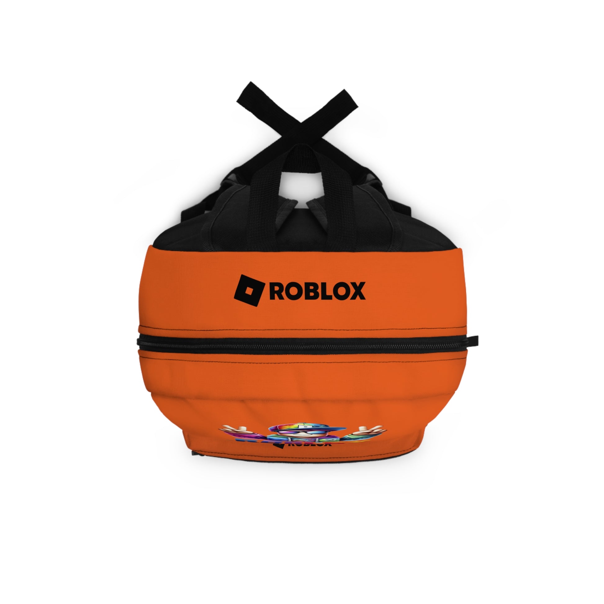 Top view of orange Premium Roblox backpack showing heavy-duty zipper and handle dobermenpremier.com