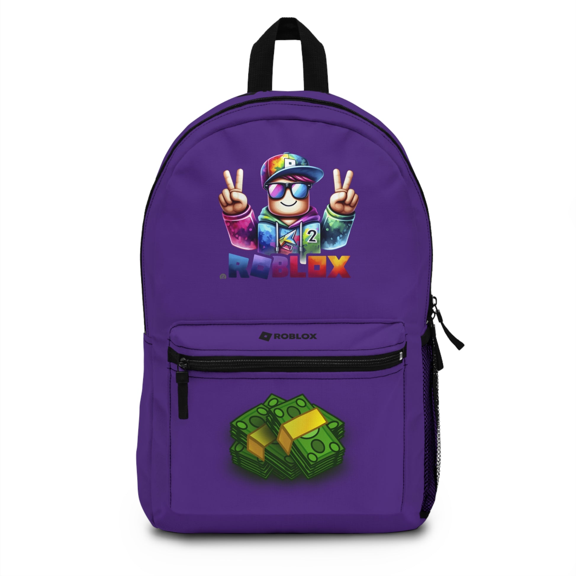 Front view of Premium Roblox school backpack in purple with gaming graphics at dobermenpremier.com