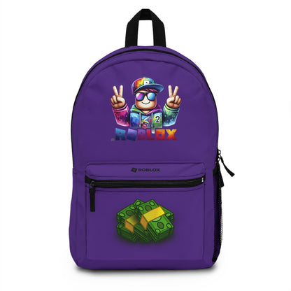 Front view of Premium Roblox school backpack in purple with gaming graphics at dobermenpremier.com