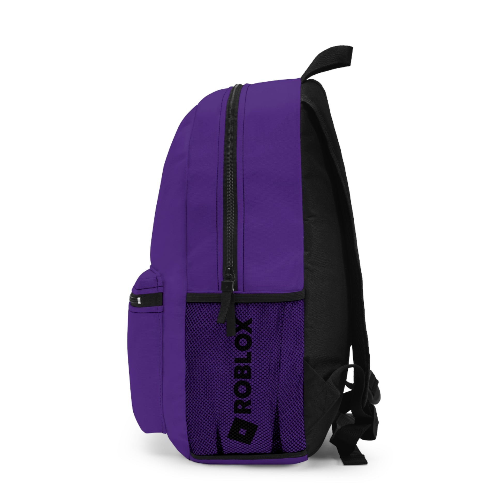 Side view of purple Premium Roblox school bag showing the mesh water bottle pocket and logo dobermenpremier.com