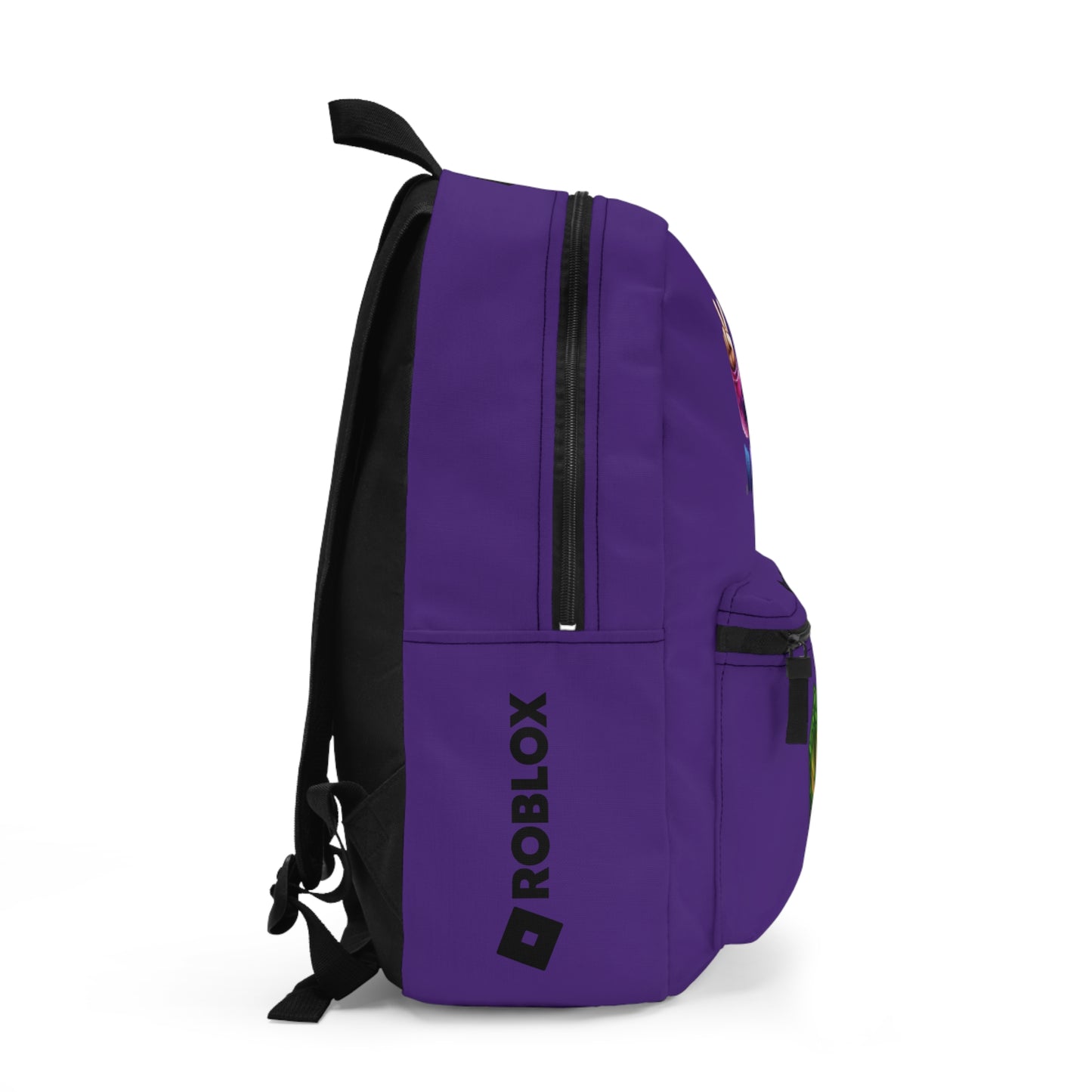 Side view of purple Premium Roblox backpack showing the slim, plain profile and stitching dobermenpremier.com