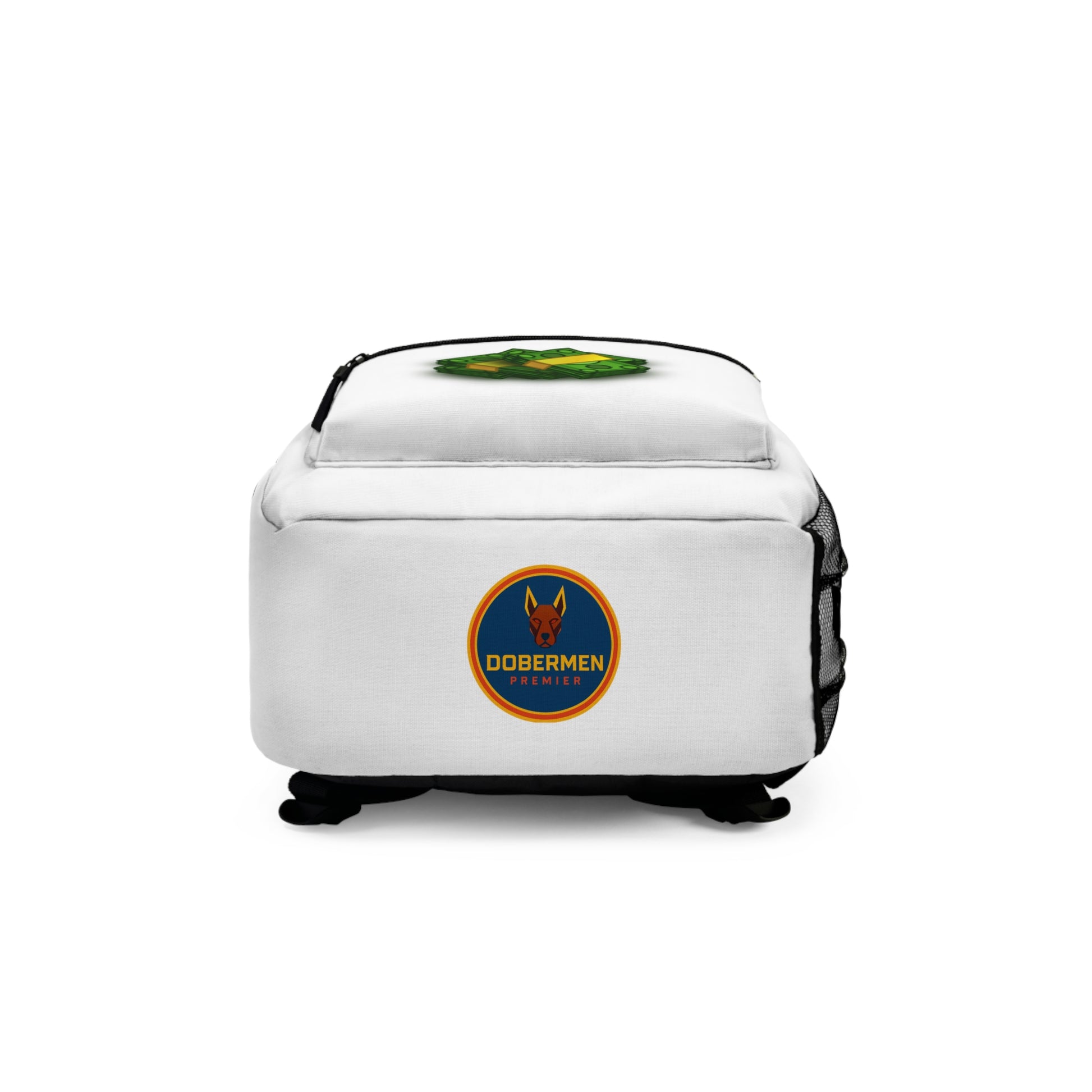 Rear view of white Premium Roblox bag showing padded straps and ergonomic support dobermenpremier.com
