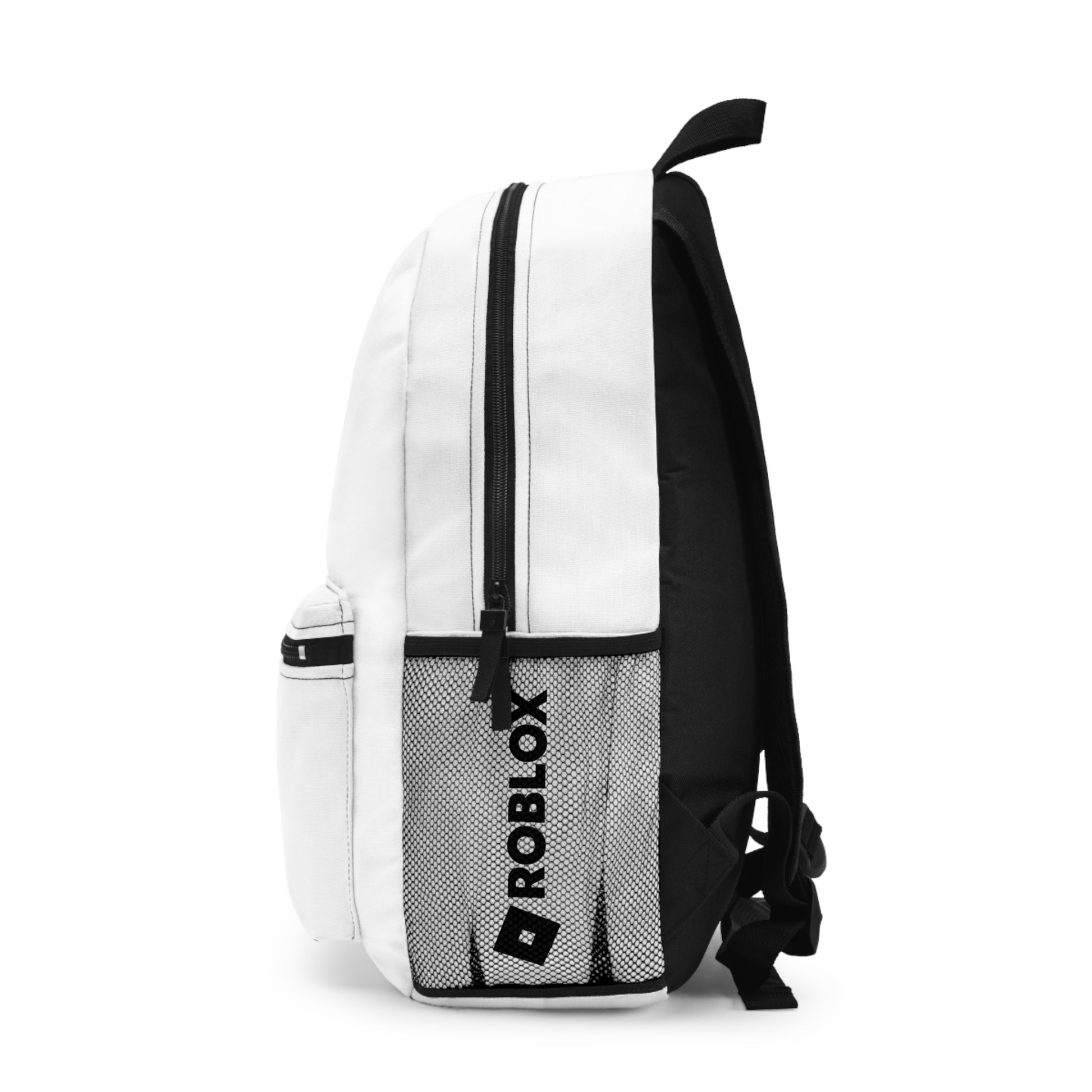 Side view of white Premium Roblox school bag showing the mesh water bottle pocket and logo dobermenpremier.com