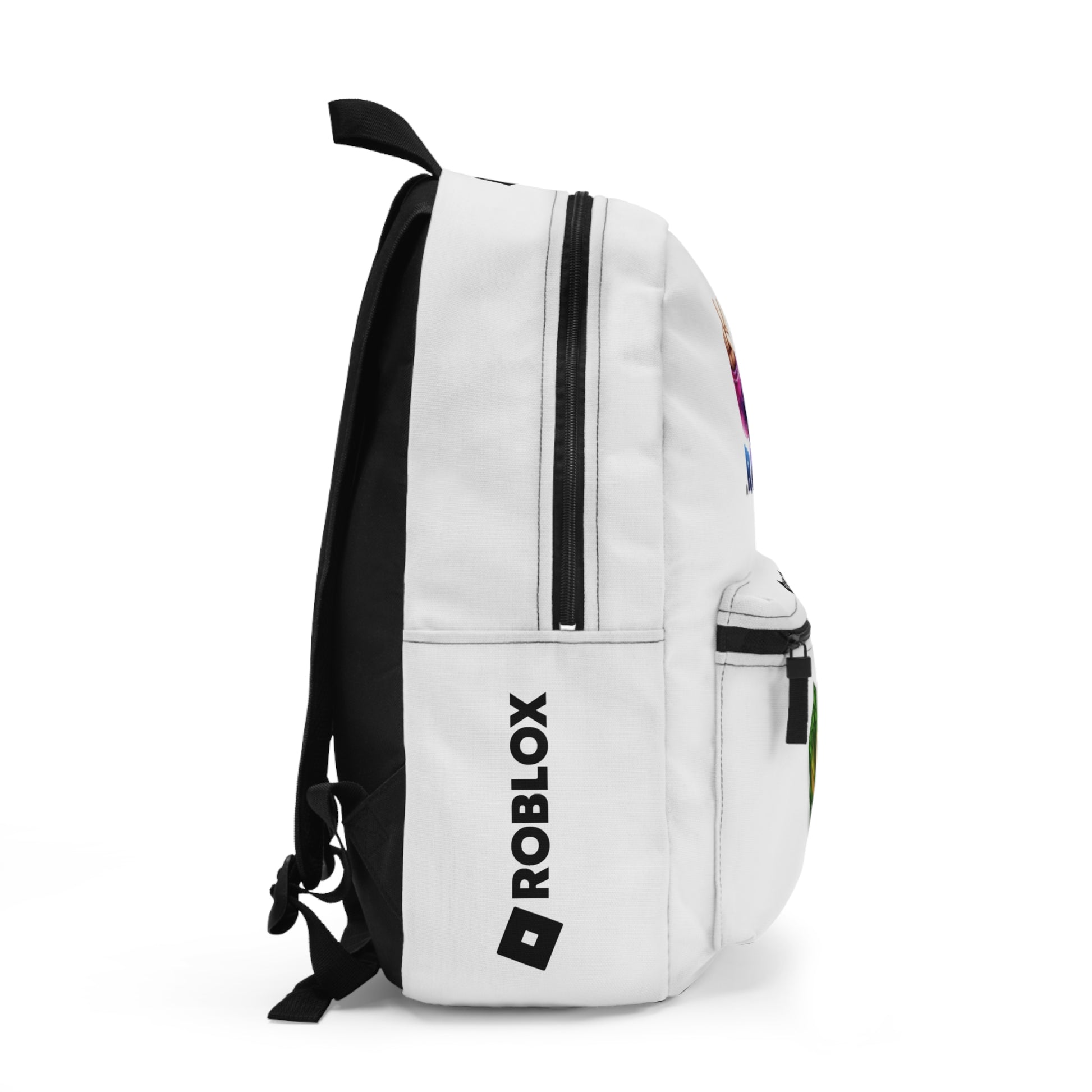 Side view of white Premium Roblox backpack showing the slim, plain profile and stitching dobermenpremier.com