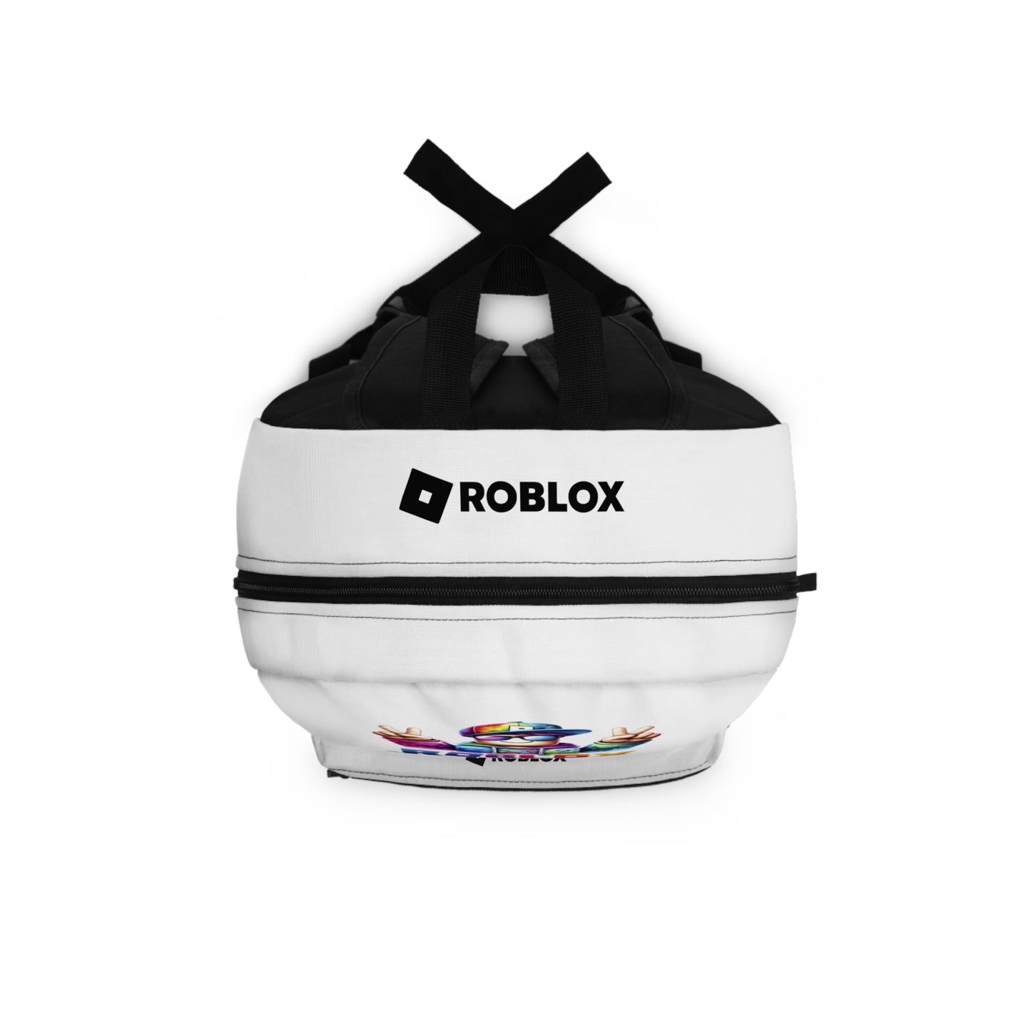 Top view of white Premium Roblox backpack showing heavy-duty zipper and handle dobermenpremier.com