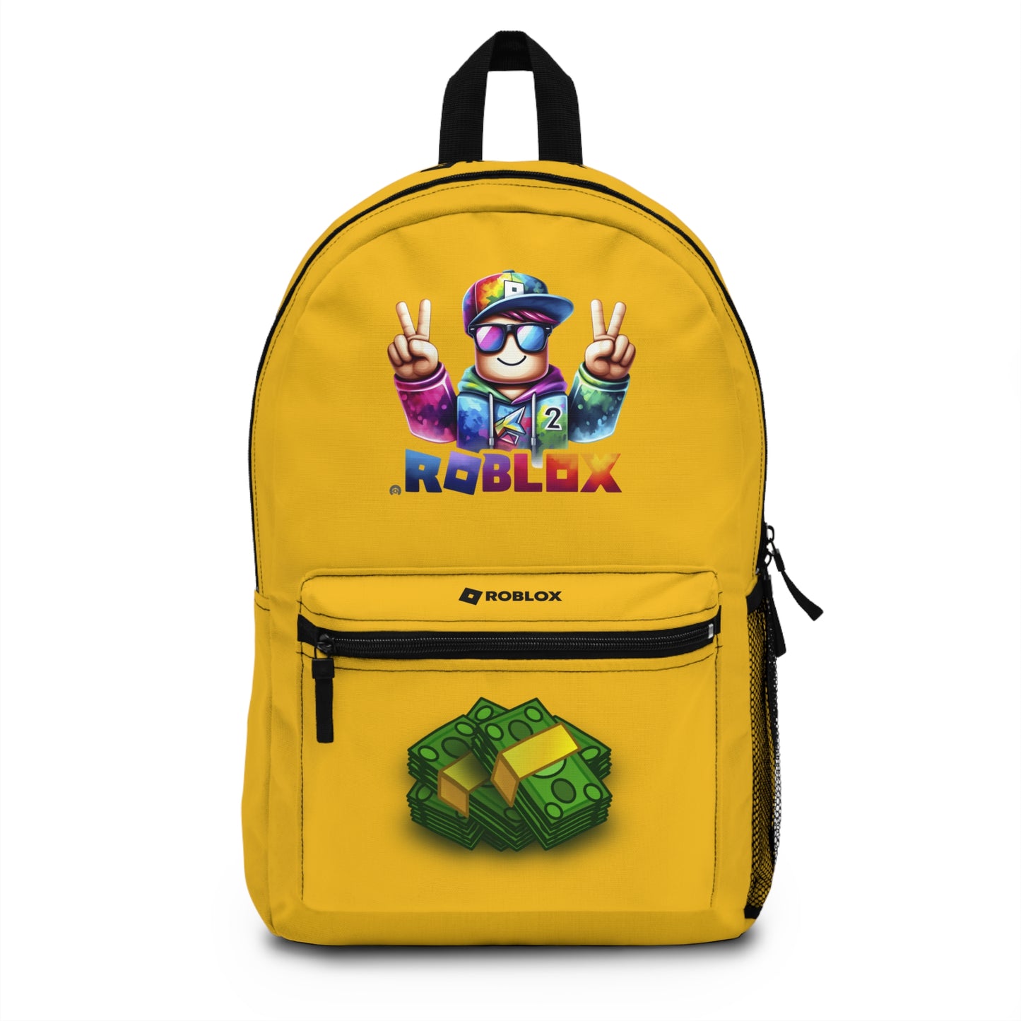 Front view of Premium Roblox school backpack in yellow with gaming graphics at dobermenpremier.com