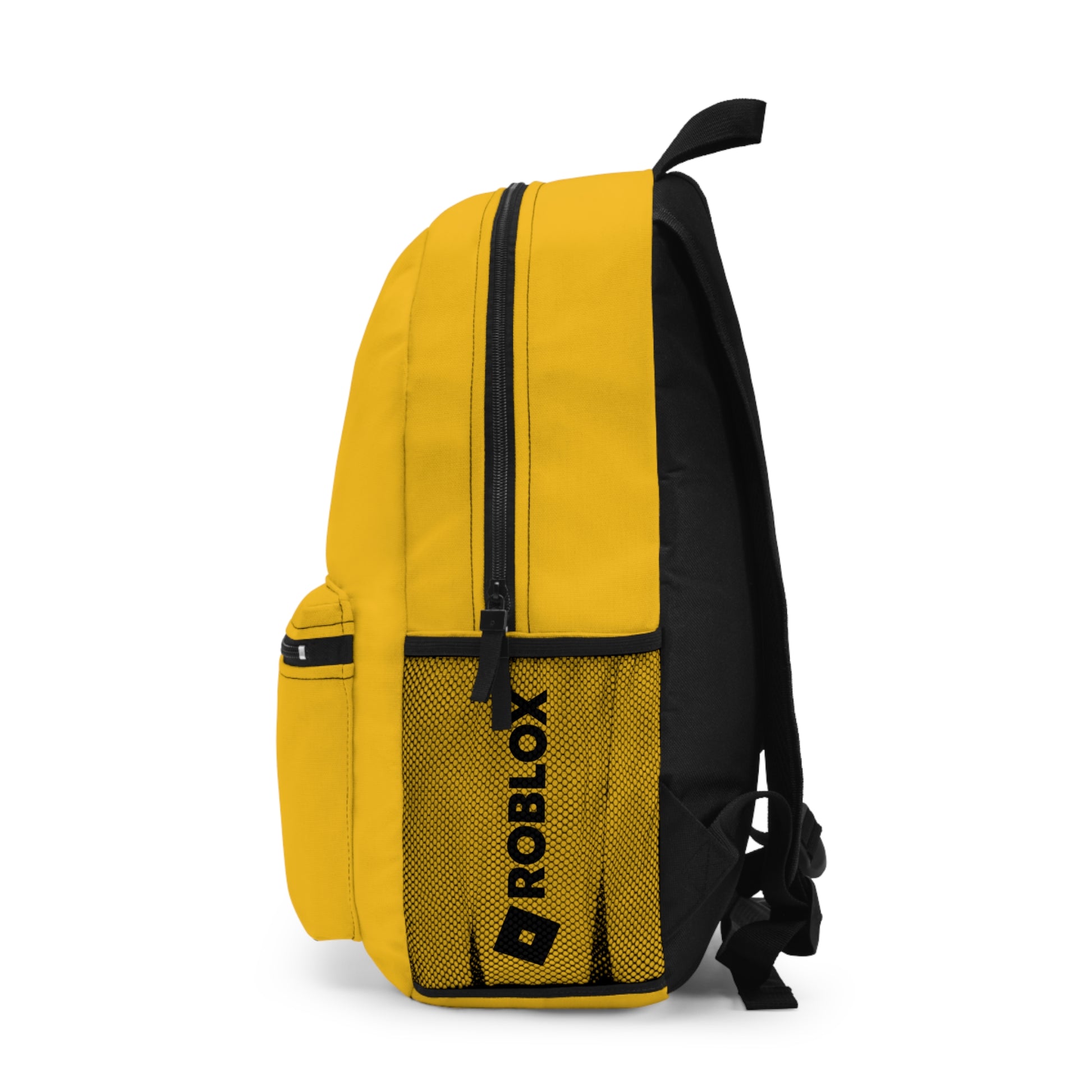 Side view of yellow Premium Roblox school bag showing the mesh water bottle pocket and logo dobermenpremier.com