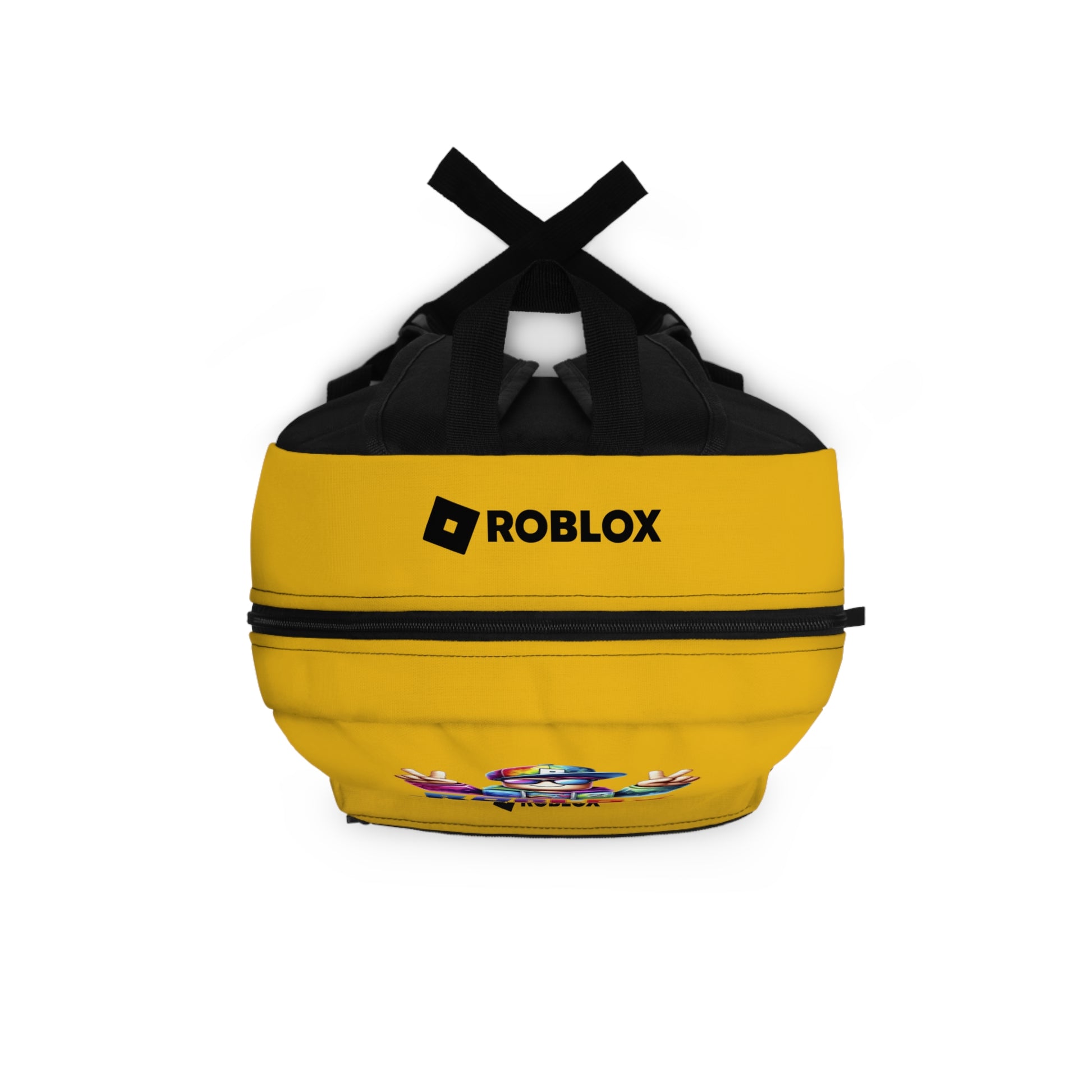 Top view of yellow Premium Roblox backpack showing heavy-duty zipper and handle dobermenpremier.com