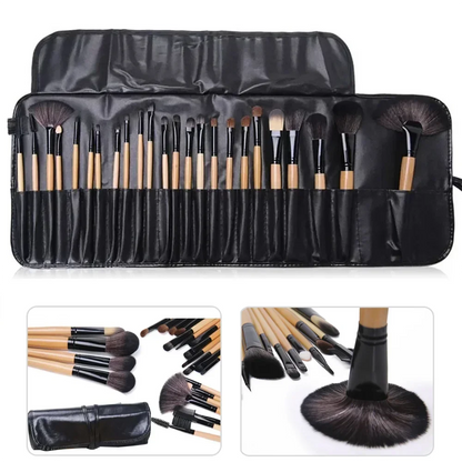 Detailed guide of the 24-piece professional makeup brush set showing each specialized tool from fan to liner brushes.